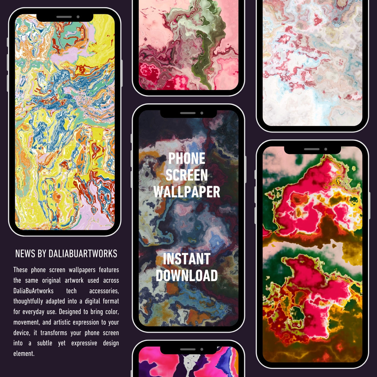 Collage of colorful phone screen wallpapers with text overlay on a dark background.