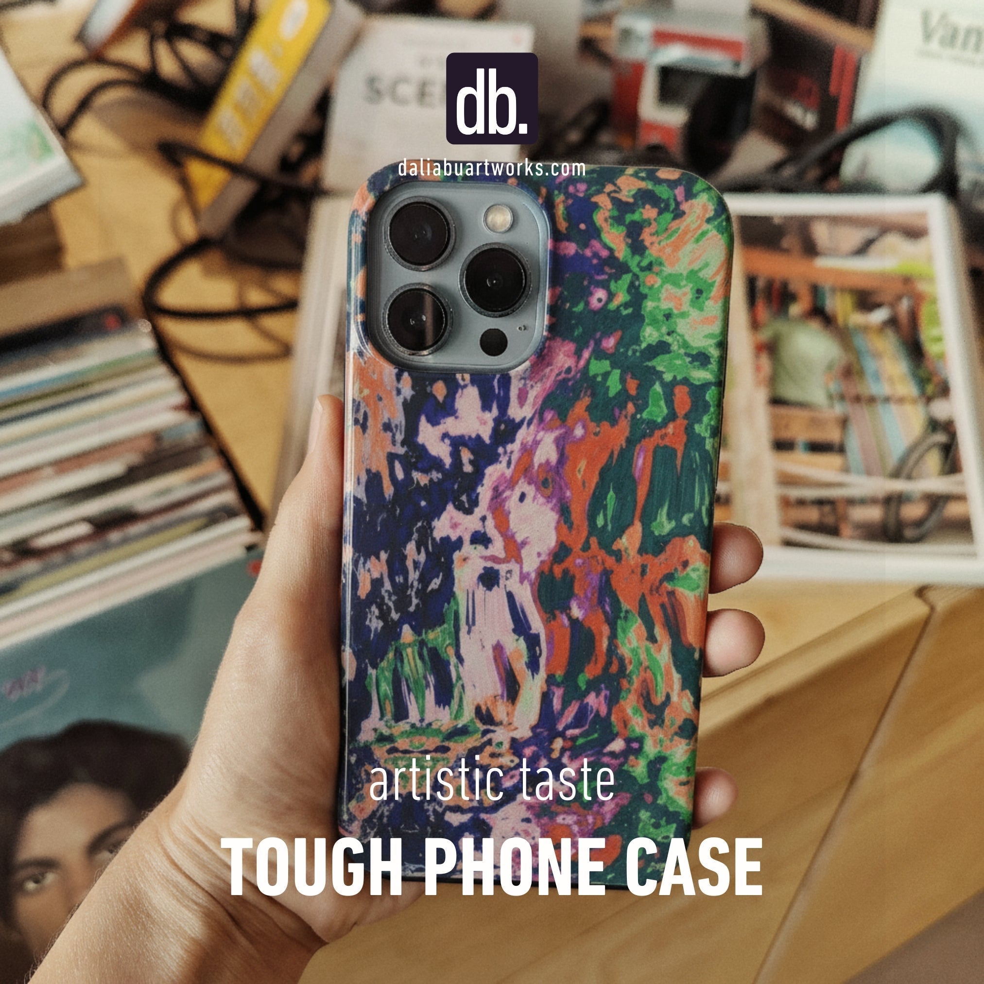 Tough phone case in hand with Vincet design print from DaliaBuArtworks collection.