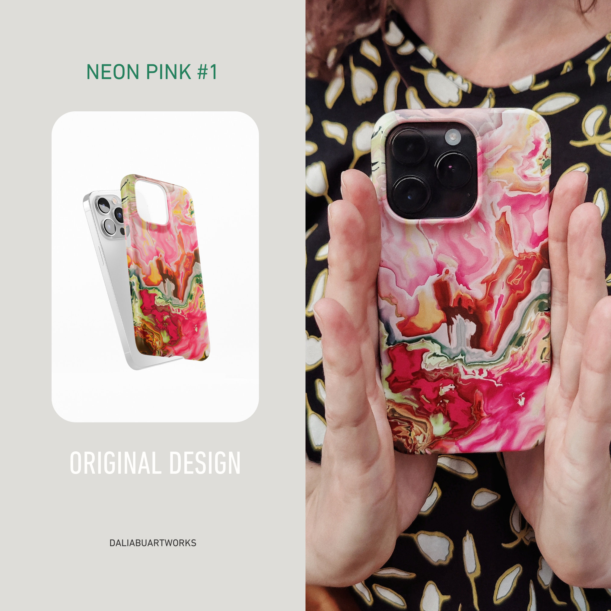 Neon Pink #1 pattern design vs phone case in reality.