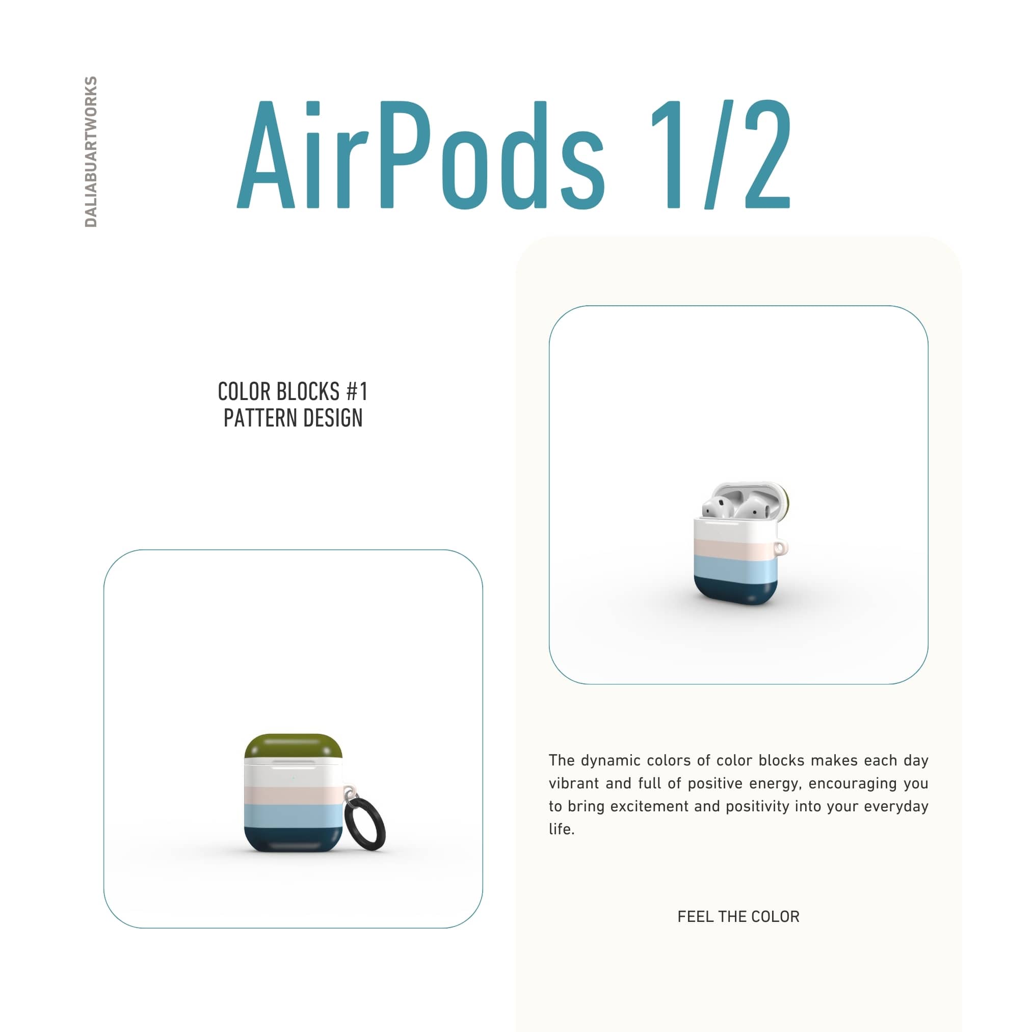 AirPods 1 and 2 hard shell ultra thin tough case Color Blocks 1 pattern design with a color blocks, featuring an elegant and expressive aesthetic design. Main colors are khaki, navy blue, deep marine, light blue and pink. Front view.