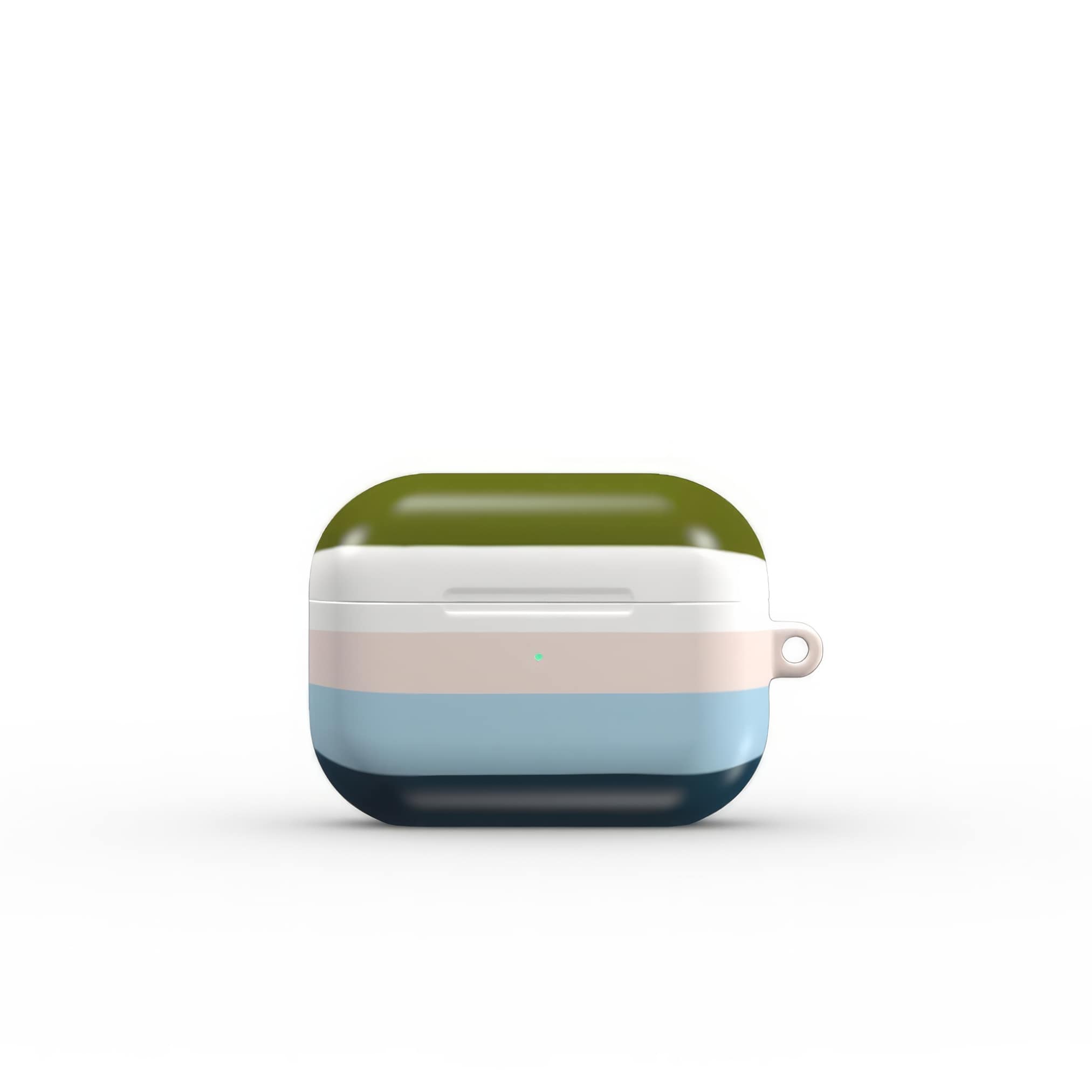 AirPods Pro hard shell ultra thin tough case Color Blocks 1 pattern design with a color blocks, featuring an elegant and expressive aesthetic design. Main colors are khaki, navy blue, deep marine, light blue and pink. Front closed view.