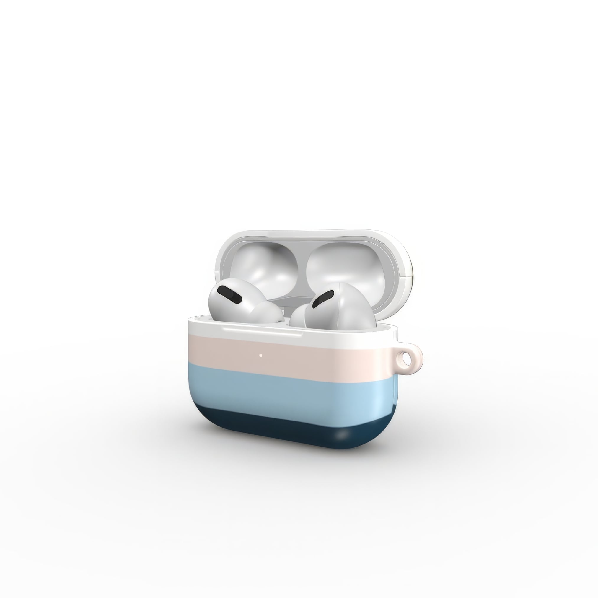 AirPods Pro hard shell ultra thin tough case Color Blocks 1 pattern design with a color blocks, featuring an elegant and expressive aesthetic design. Main colors are khaki, navy blue, deep marine, light blue and pink. Side open view.