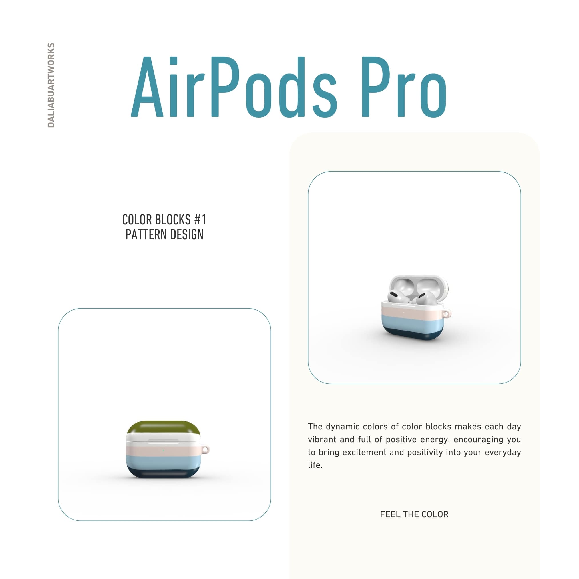 AirPods Pro hard shell ultra thin tough case Color Blocks 1 pattern design with a color blocks, featuring an elegant and expressive aesthetic design. Main colors are khaki, navy blue, deep marine, light blue and pink. Front view.