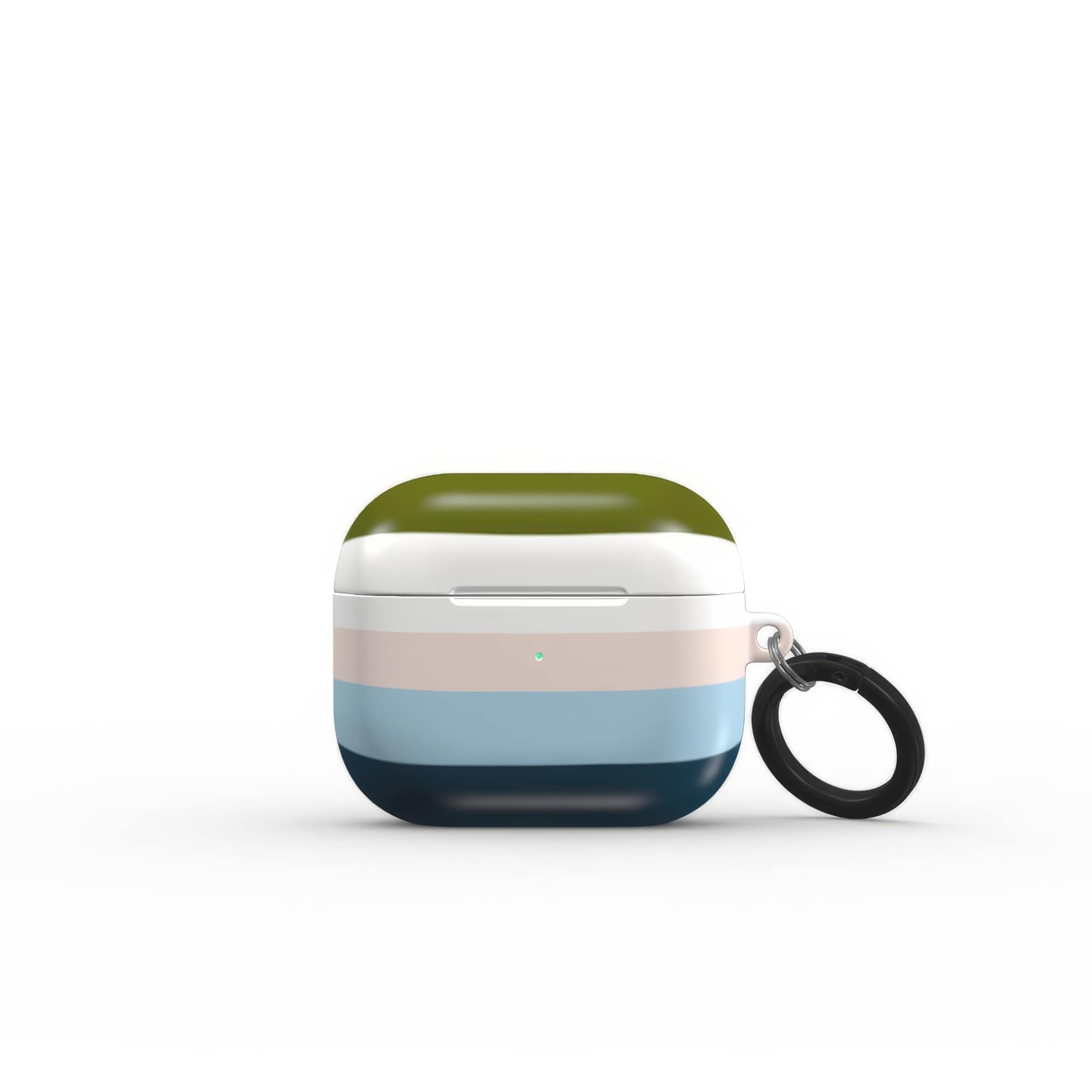 AirPods 3 hard shell ultra thin tough case Color Blocks 1 pattern design with a color blocks, featuring an elegant and expressive aesthetic design. Main colors are khaki, navy blue, deep marine, light blue and pink. Front closed view.