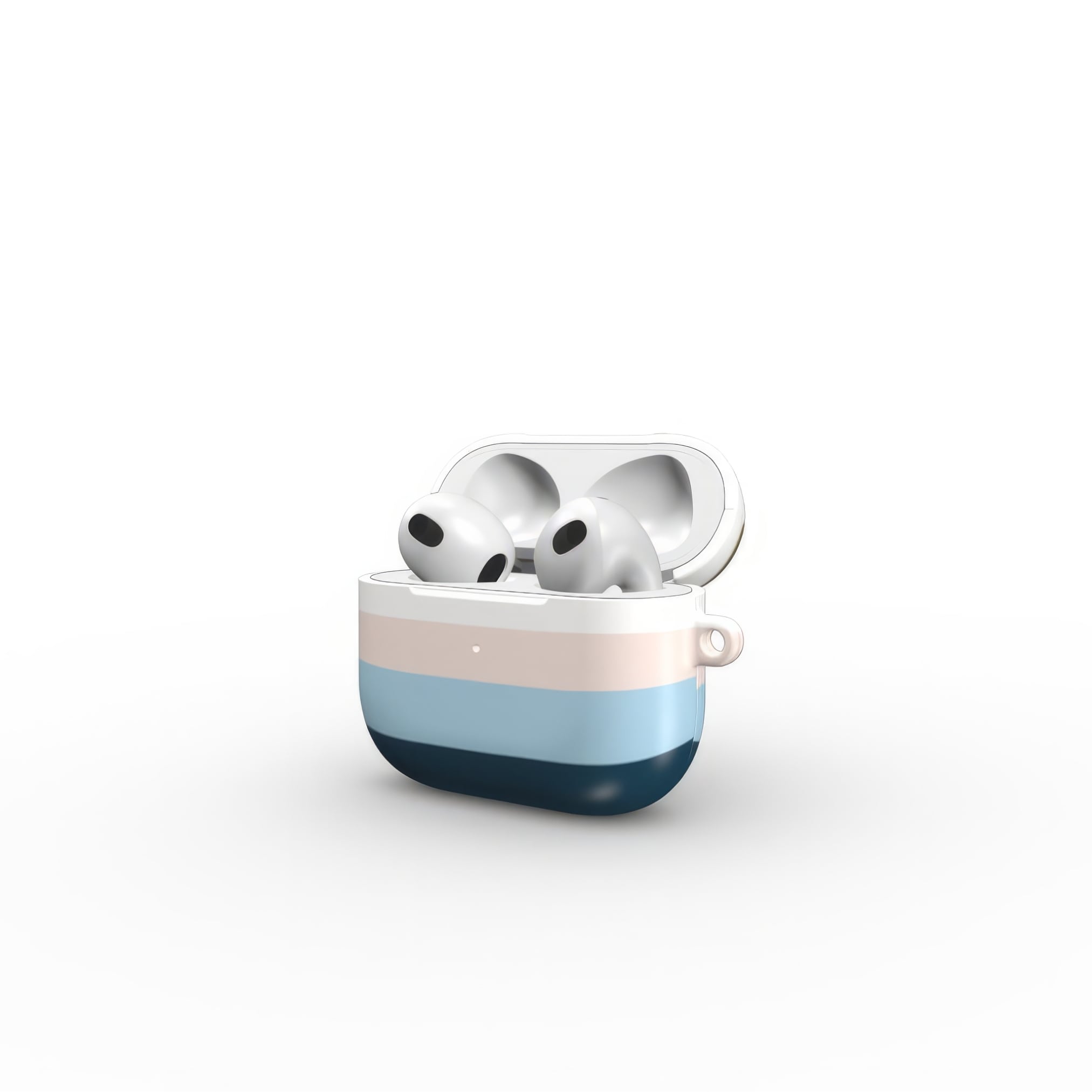 AirPods 3 hard shell ultra thin tough case Color Blocks 1 pattern design with a color blocks, featuring an elegant and expressive aesthetic design. Main colors are khaki, navy blue, deep marine, light blue and pink. Side open view.