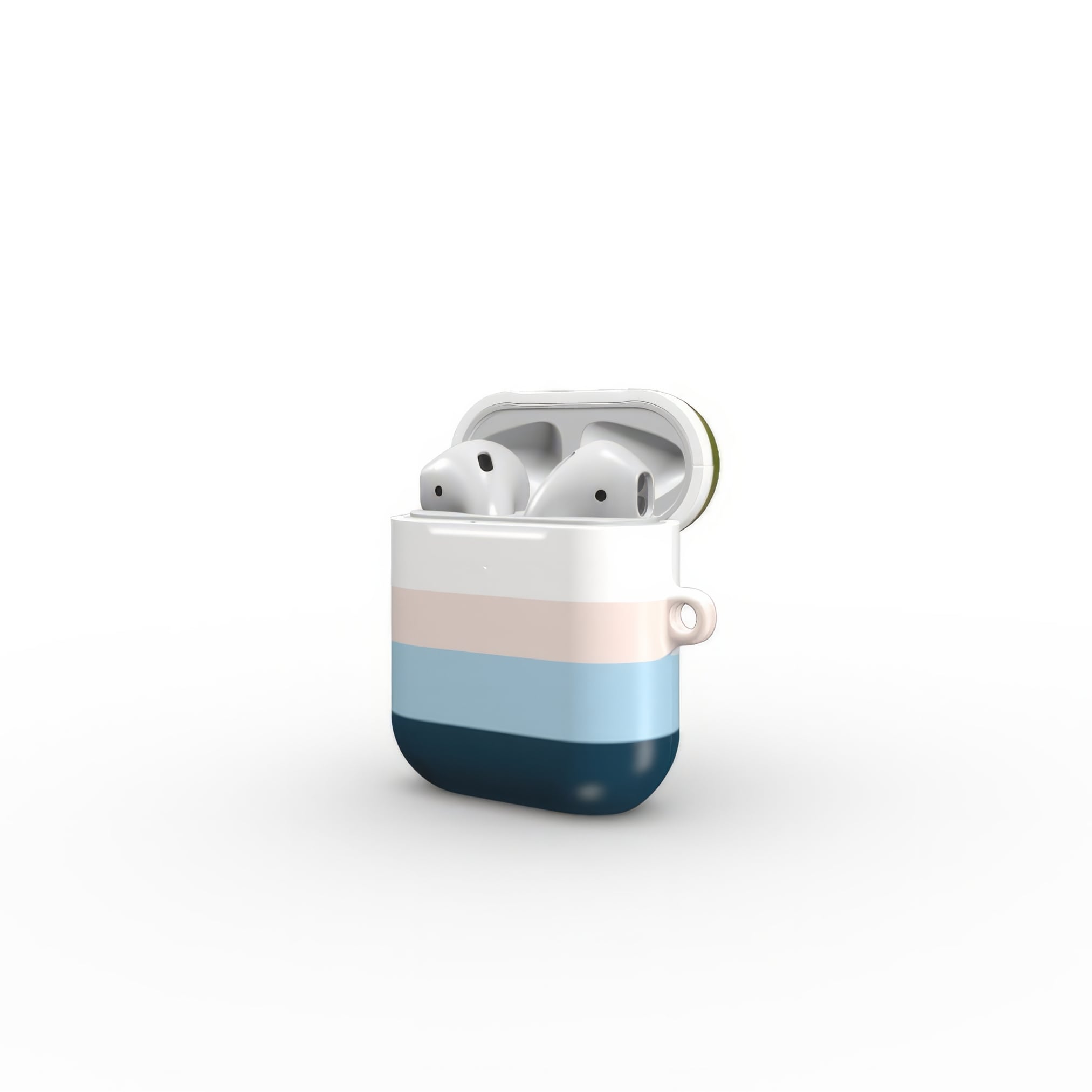 AirPods 1 and 2 hard shell ultra thin tough case Color Blocks 1 pattern design with a color blocks, featuring an elegant and expressive aesthetic design. Main colors are khaki, navy blue, deep marine, light blue and pink. Side open view.