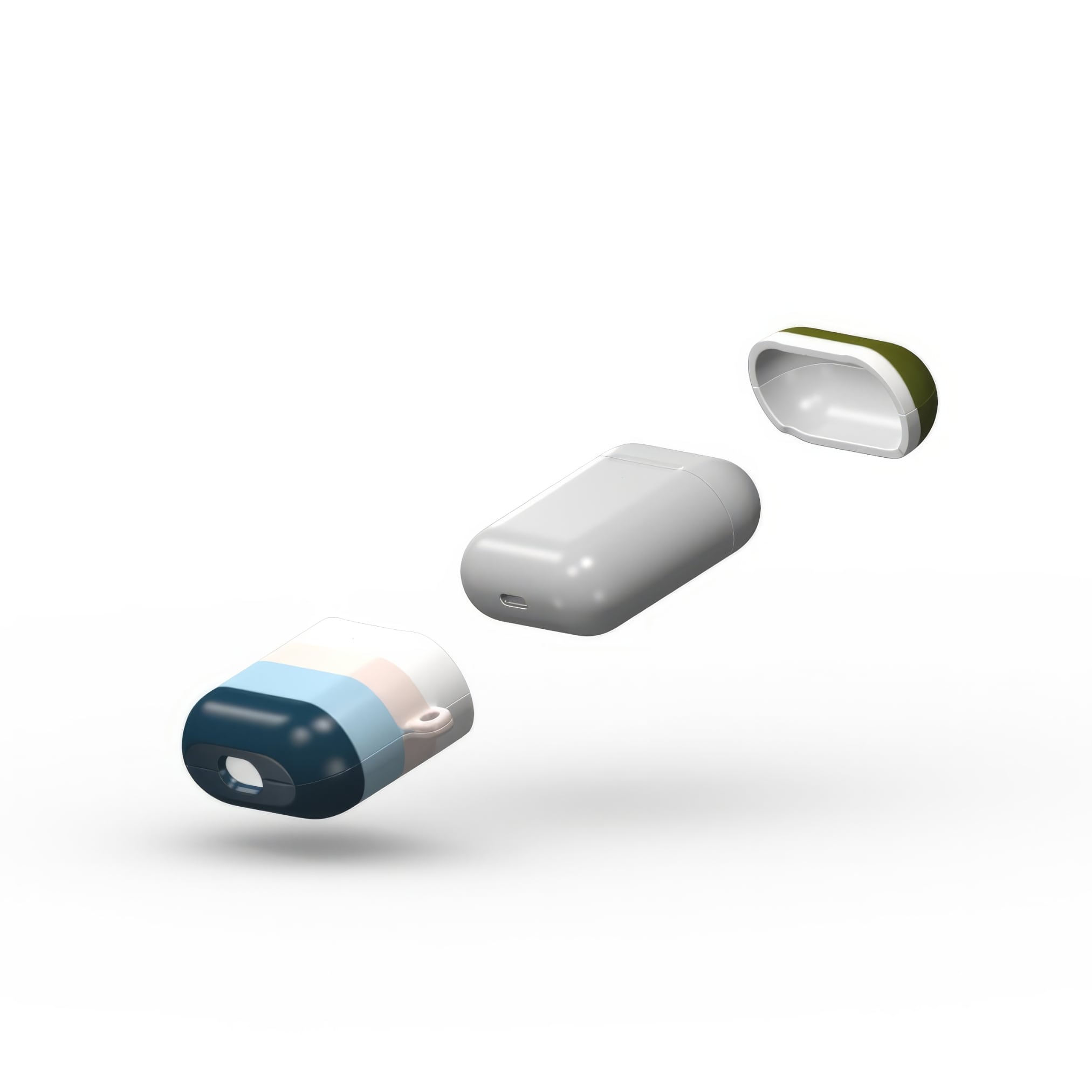 AirPods 1 and 2 hard shell ultra thin tough case Color Blocks 1 pattern design with a color blocks, featuring an elegant and expressive aesthetic design. Main colors are khaki, navy blue, deep marine, light blue and pink. Extend view.