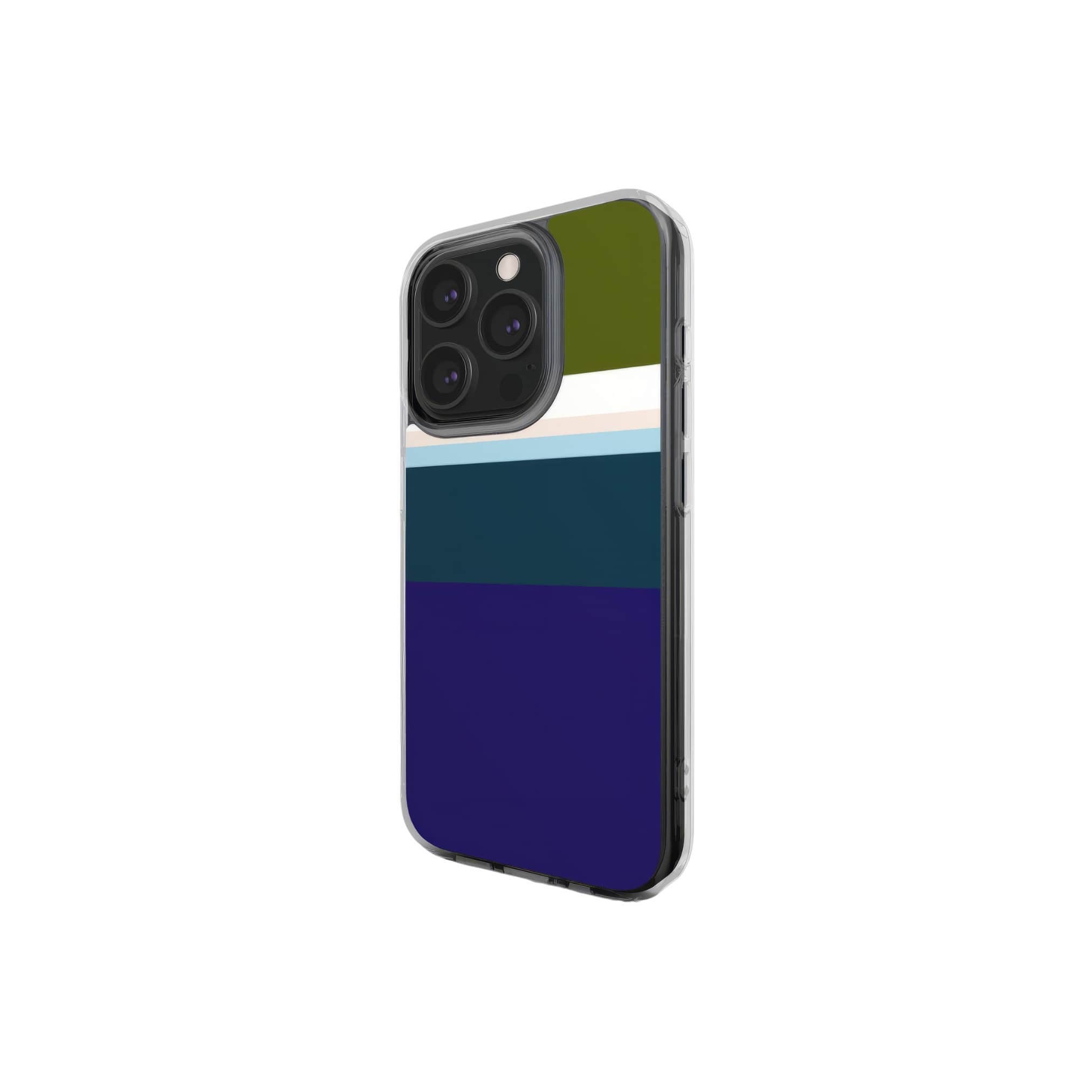 Clear phone case Color Blocks 1 pattern design with a color blocks, featuring an elegant and expressive aesthetic design. Main colors are khaki, navy blue, deep marine, light blue and pink. Side view.