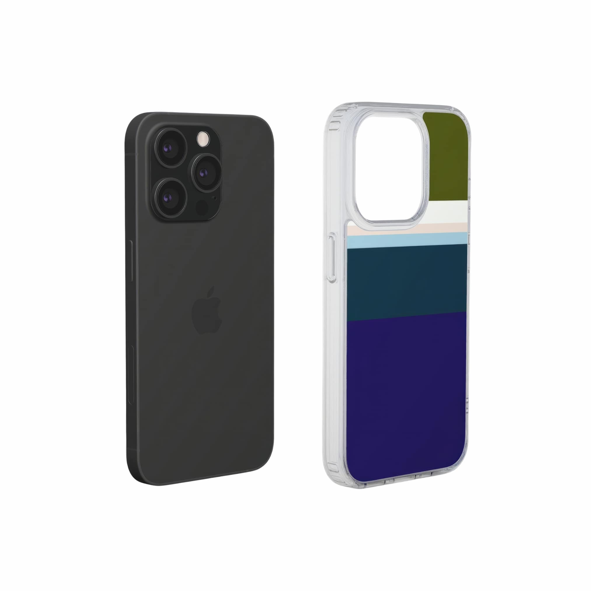 Clear phone case Color Blocks 1 pattern design with a color blocks, featuring an elegant and expressive aesthetic design. Main colors are khaki, navy blue, deep marine, light blue and pink. Extend view.