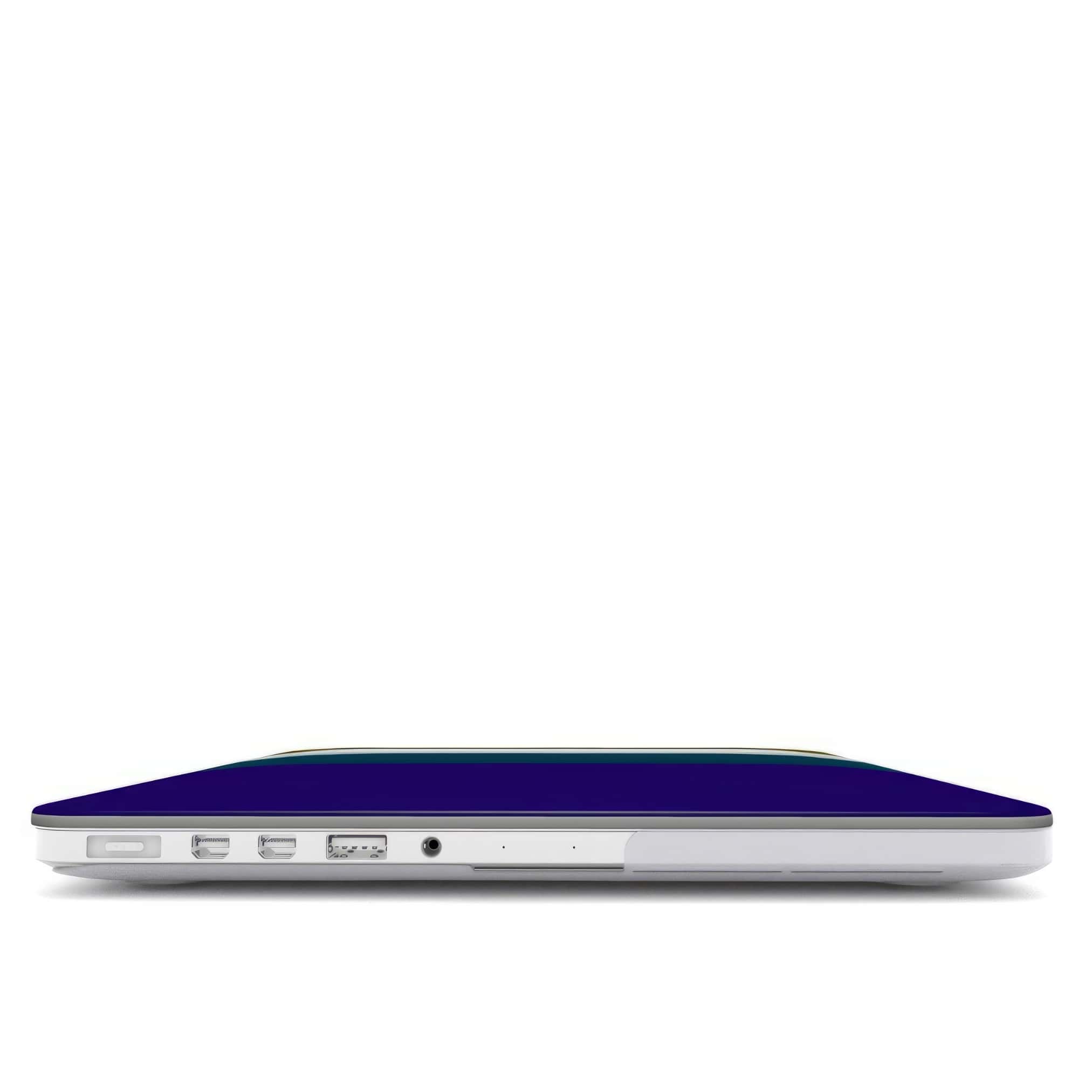 MacBook ultra thin case Color Blocks 1 pattern design with a color blocks, featuring an elegant and expressive aesthetic design. Main colors are khaki, navy blue, deep marine, light blue and pink. Closed view.