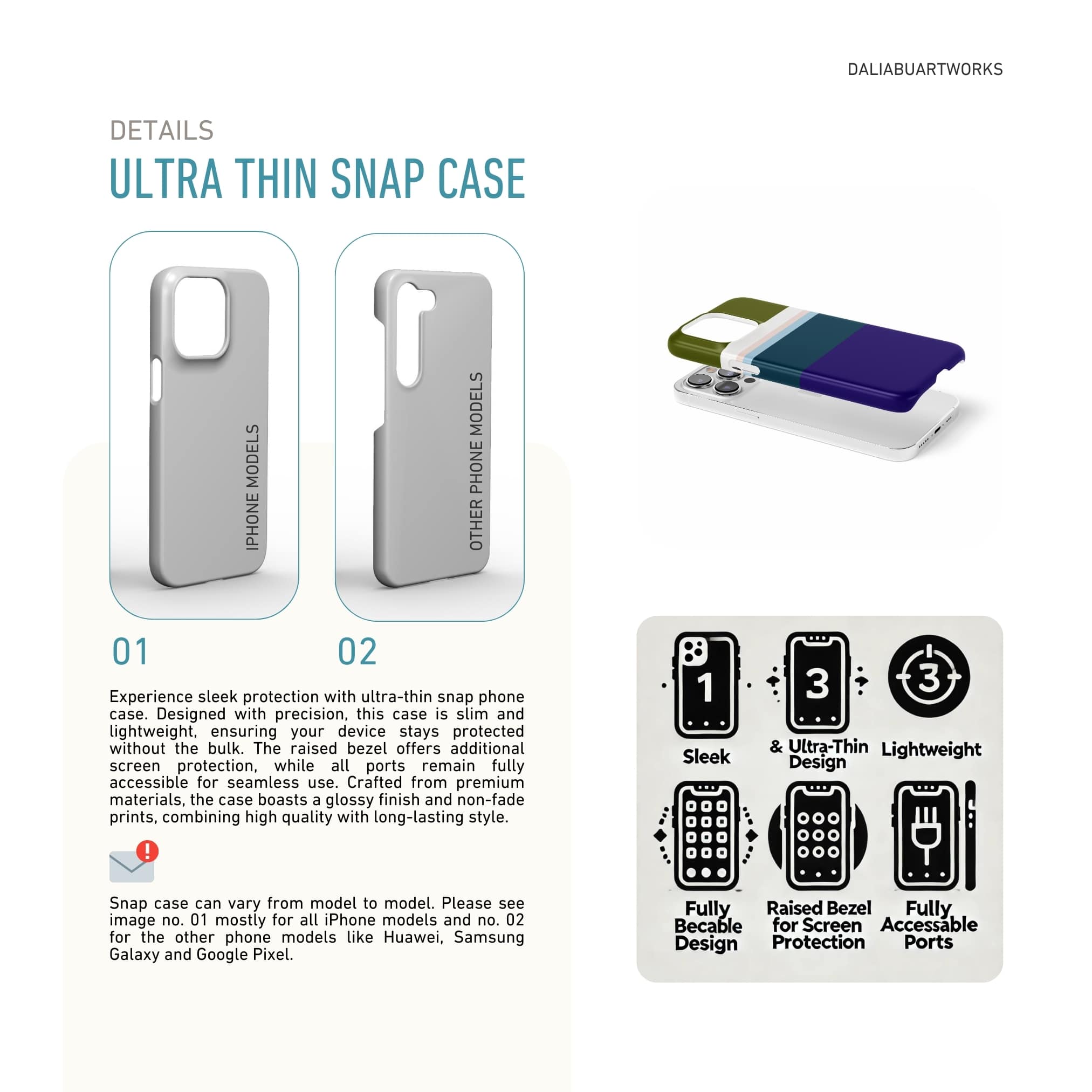 Ultra thin snap phone case Color Blocks 1 pattern design with a color blocks, featuring an elegant and expressive aesthetic design. Main colors are khaki, navy blue, deep marine, light blue and pink. Details about snug fit cover benefits.