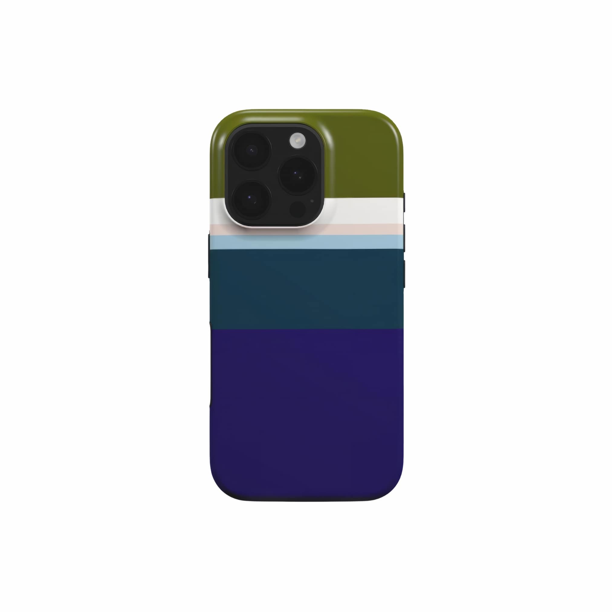 Tough phone case Color Blocks 1 pattern design with a color blocks, featuring an elegant and expressive aesthetic design. Main colors are khaki, navy blue, deep marine, light blue and pink. Front view.