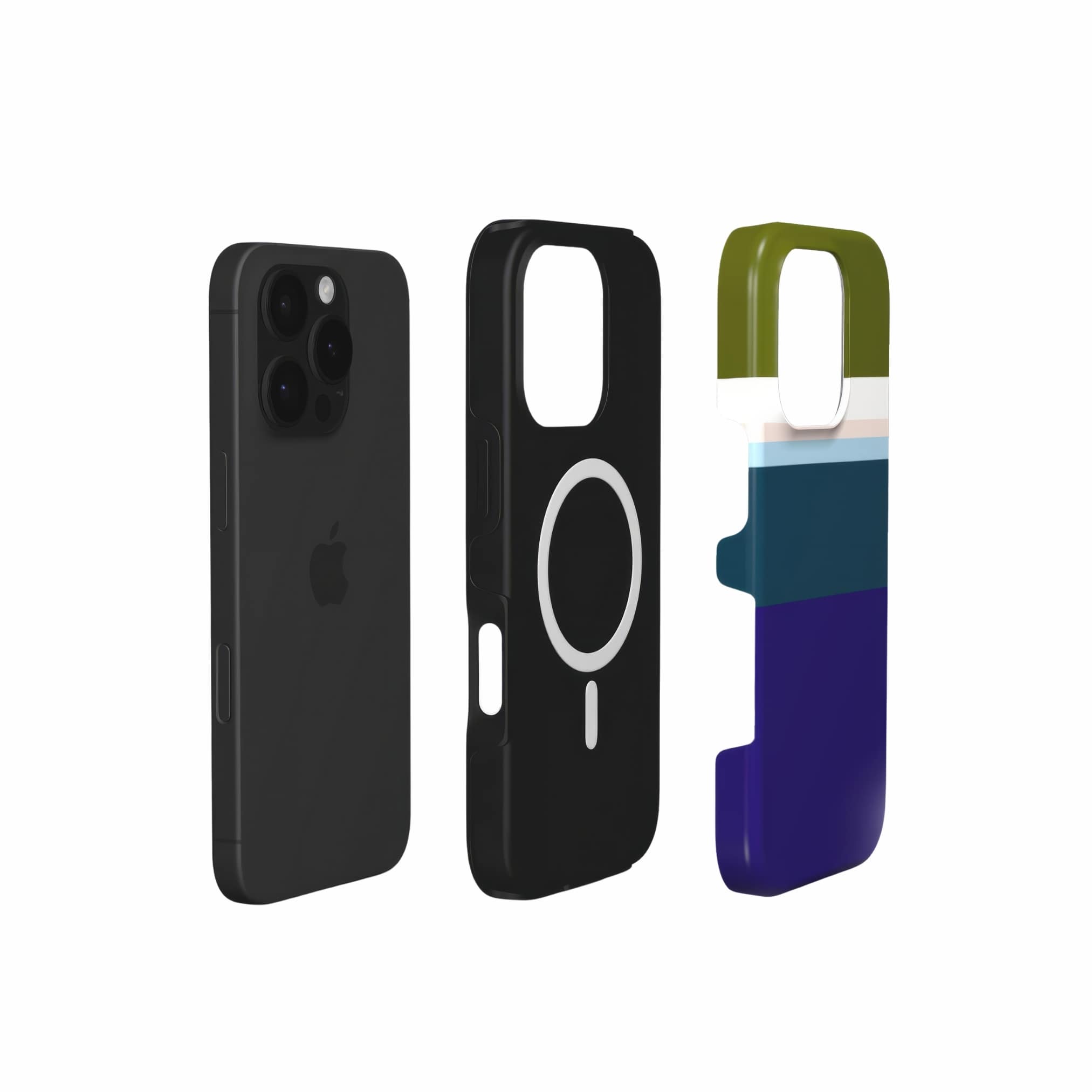 MagSafe tough phone case Color Blocks 1 pattern design with a color blocks, featuring an elegant and expressive aesthetic design. Main colors are khaki, navy blue, deep marine, light blue and pink. Extend view.
