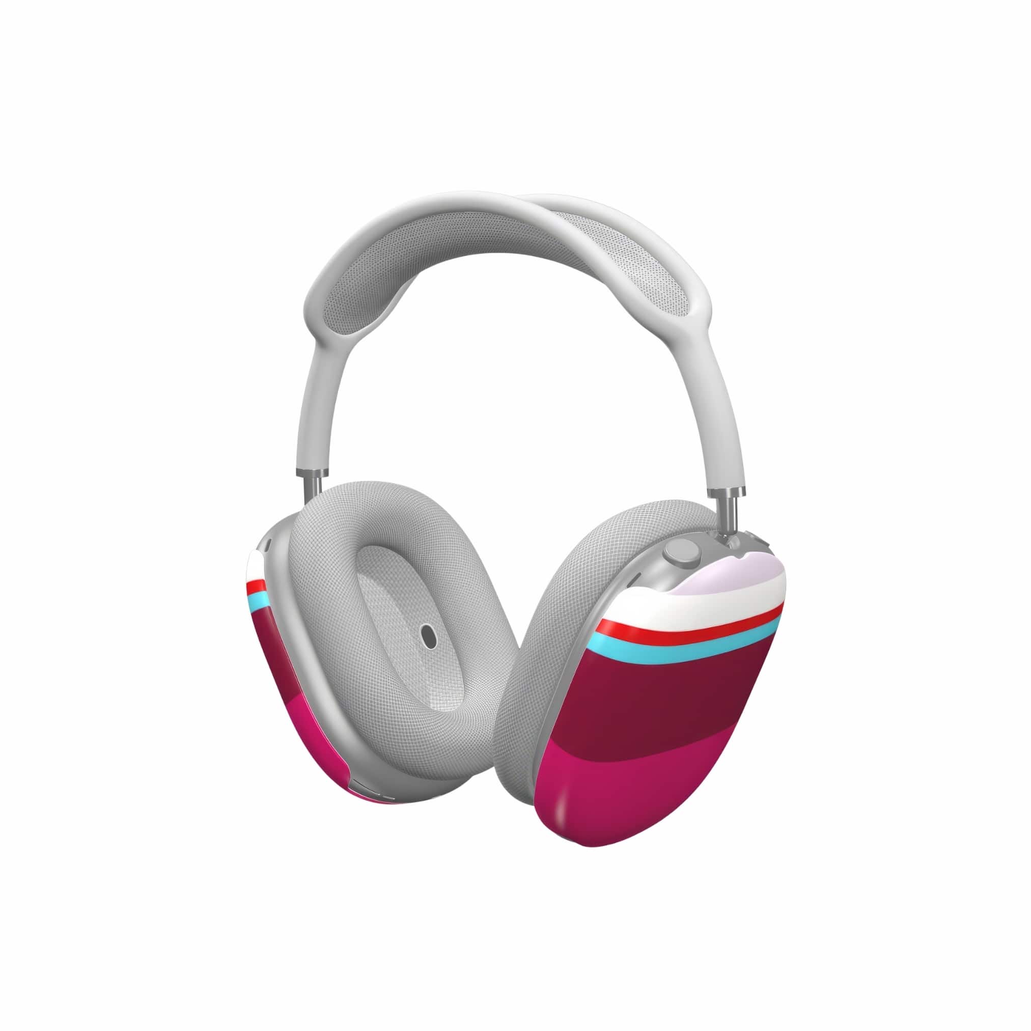 AirPods Max tough case Color Blocks 2 pattern design with a color blocks, featuring an elegant and expressive aesthetic design. Main colors are lilac, red, passion pink and fuchsia. Side view.