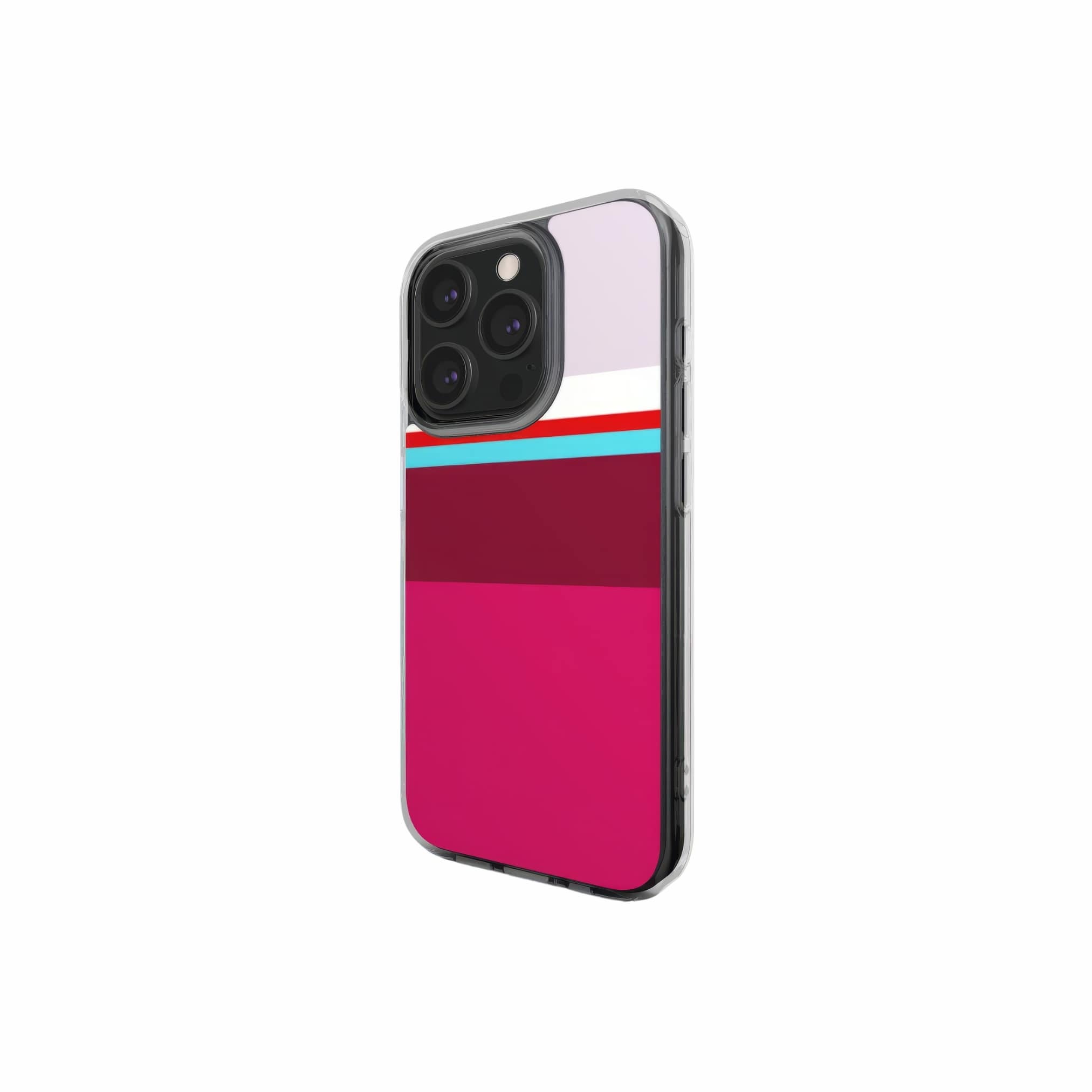 Clear phone case Color Blocks 2 pattern design with a color blocks, featuring an elegant and expressive aesthetic design. Main colors are lilac, red, passion pink and fuchsia. Side view.
