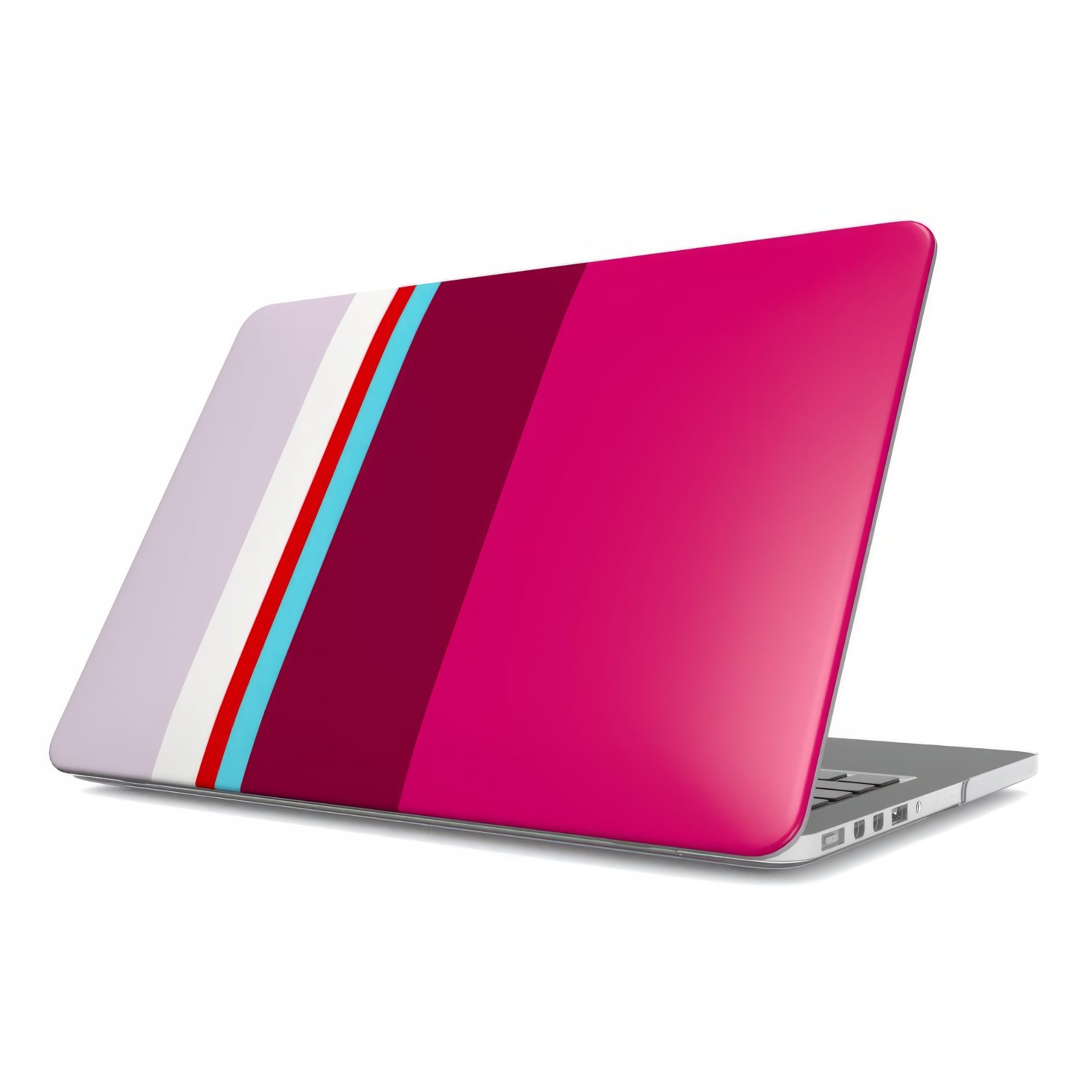 MacBook case Color Blocks 2 pattern design with a color blocks, featuring an elegant and expressive aesthetic design. Main colors are lilac, red, passion pink and fuchsia. Front view.