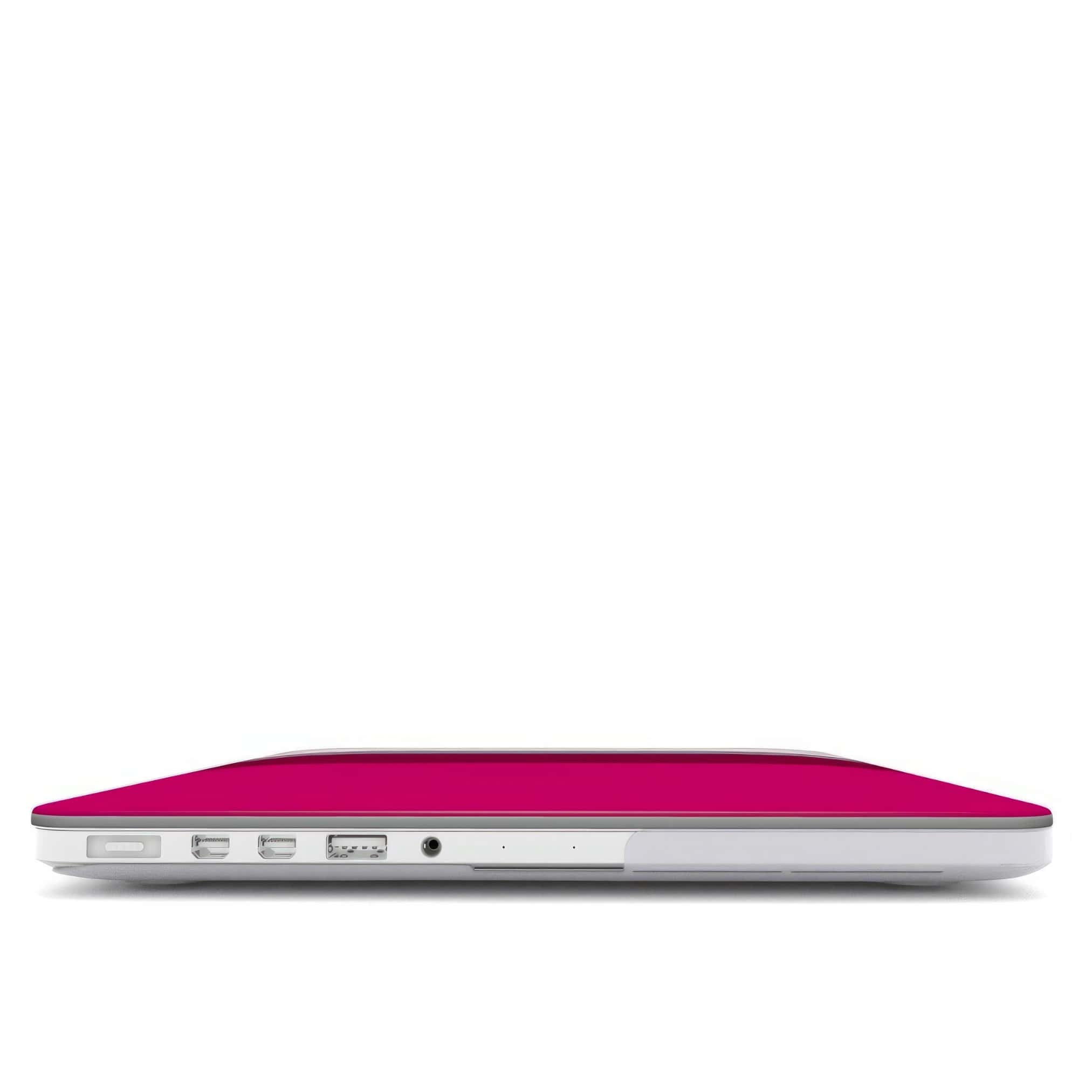 MacBook case Color Blocks 2 pattern design with a color blocks, featuring an elegant and expressive aesthetic design. Main colors are lilac, red, passion pink and fuchsia. Closed view.