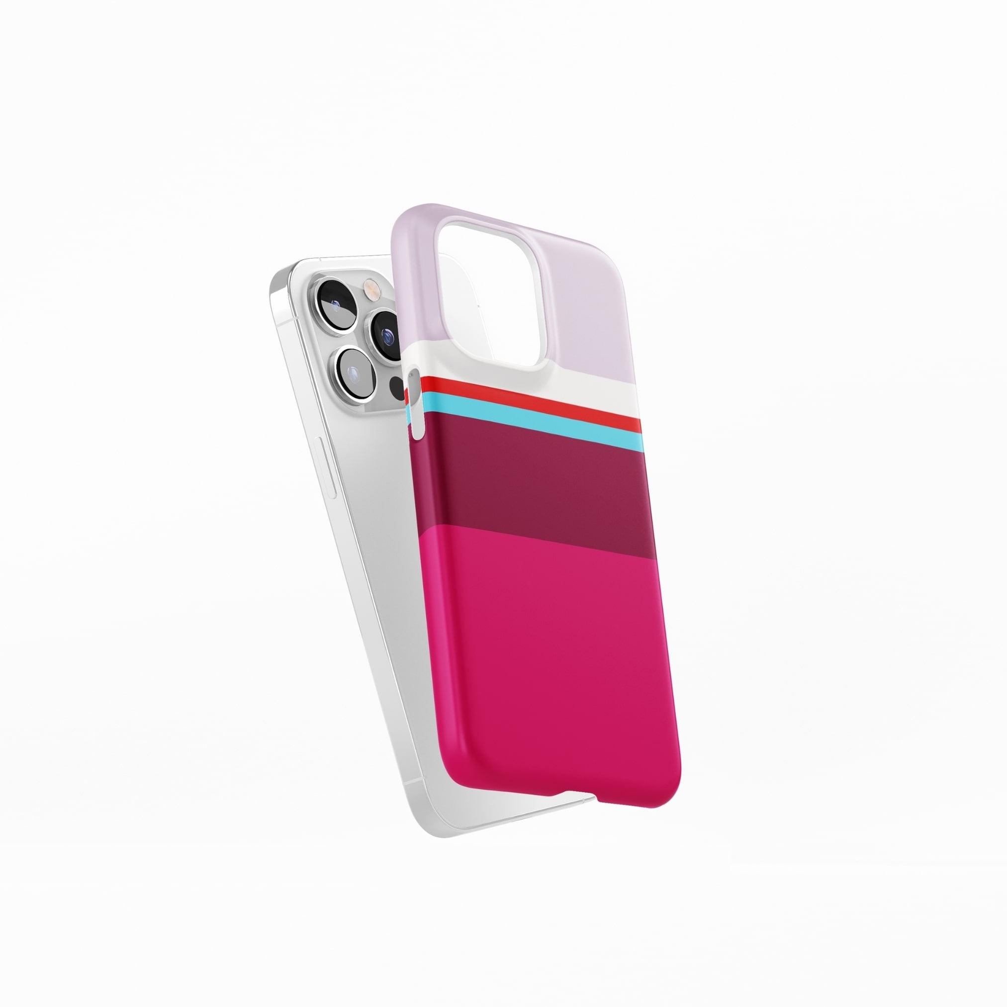 Ultra slim thin snap phone case Color Blocks 2 pattern design with a color blocks, featuring an elegant and expressive aesthetic design. Main colors are lilac, red, passion pink and fuchsia. Side view.