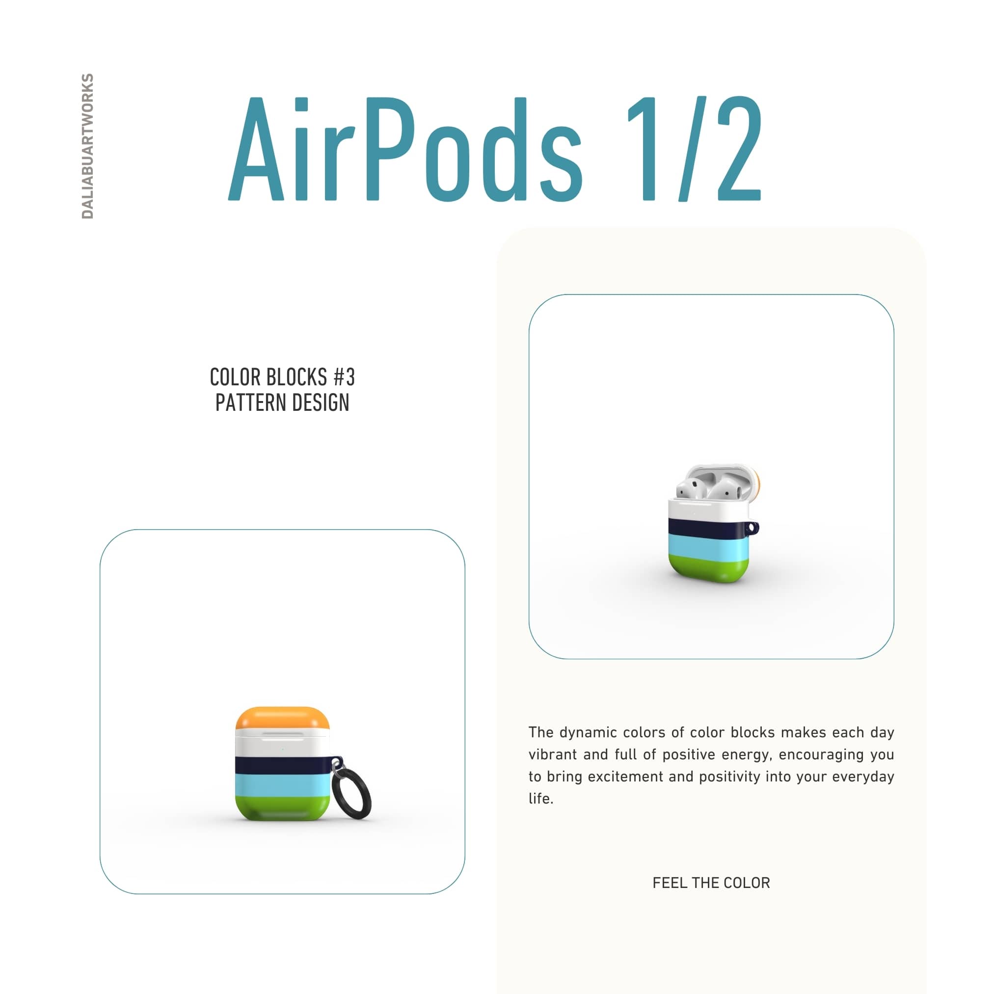 AirPods 1 and 2 tough case Color Blocks 3 pattern design with a color blocks, featuring an elegant and expressive aesthetic design. Main colors are light green, blue and orange. Front view.