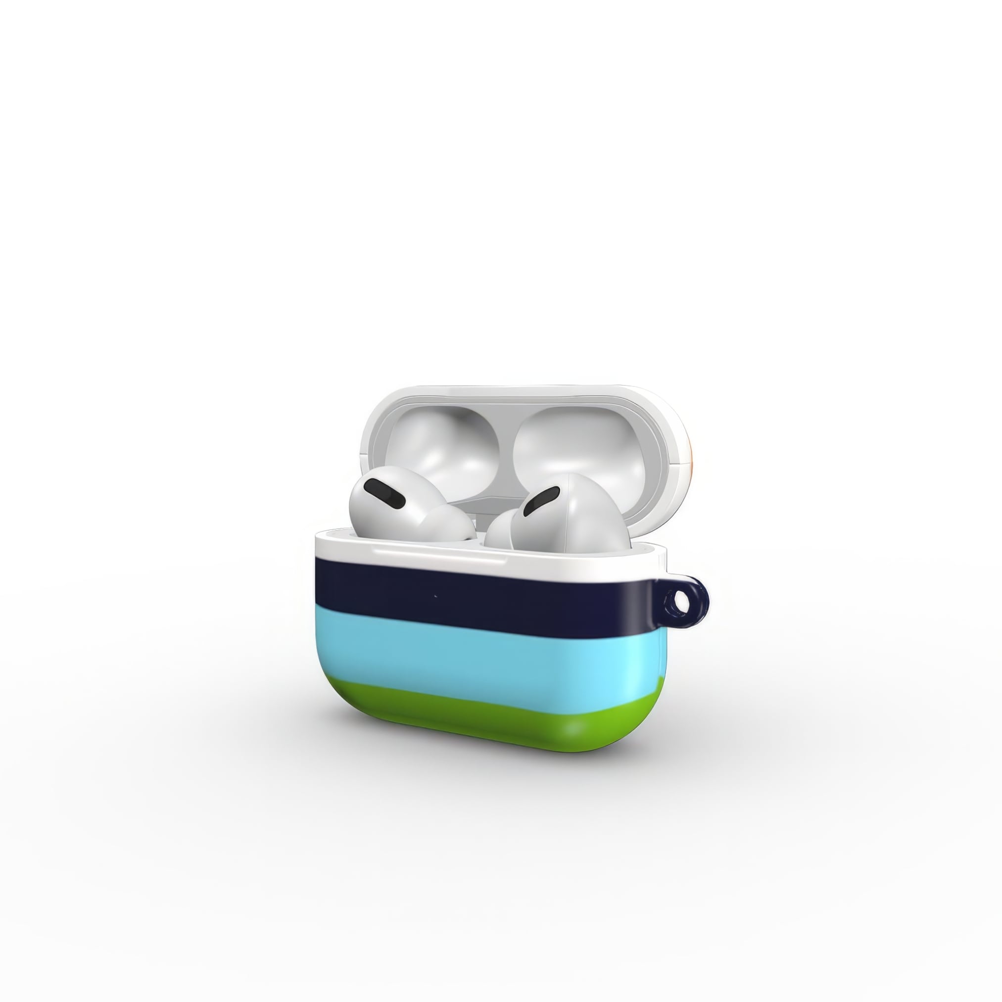 AirPods Pro tough case Color Blocks 3 pattern design with a color blocks, featuring an elegant and expressive aesthetic design. Main colors are light green, blue and orange. Side view.