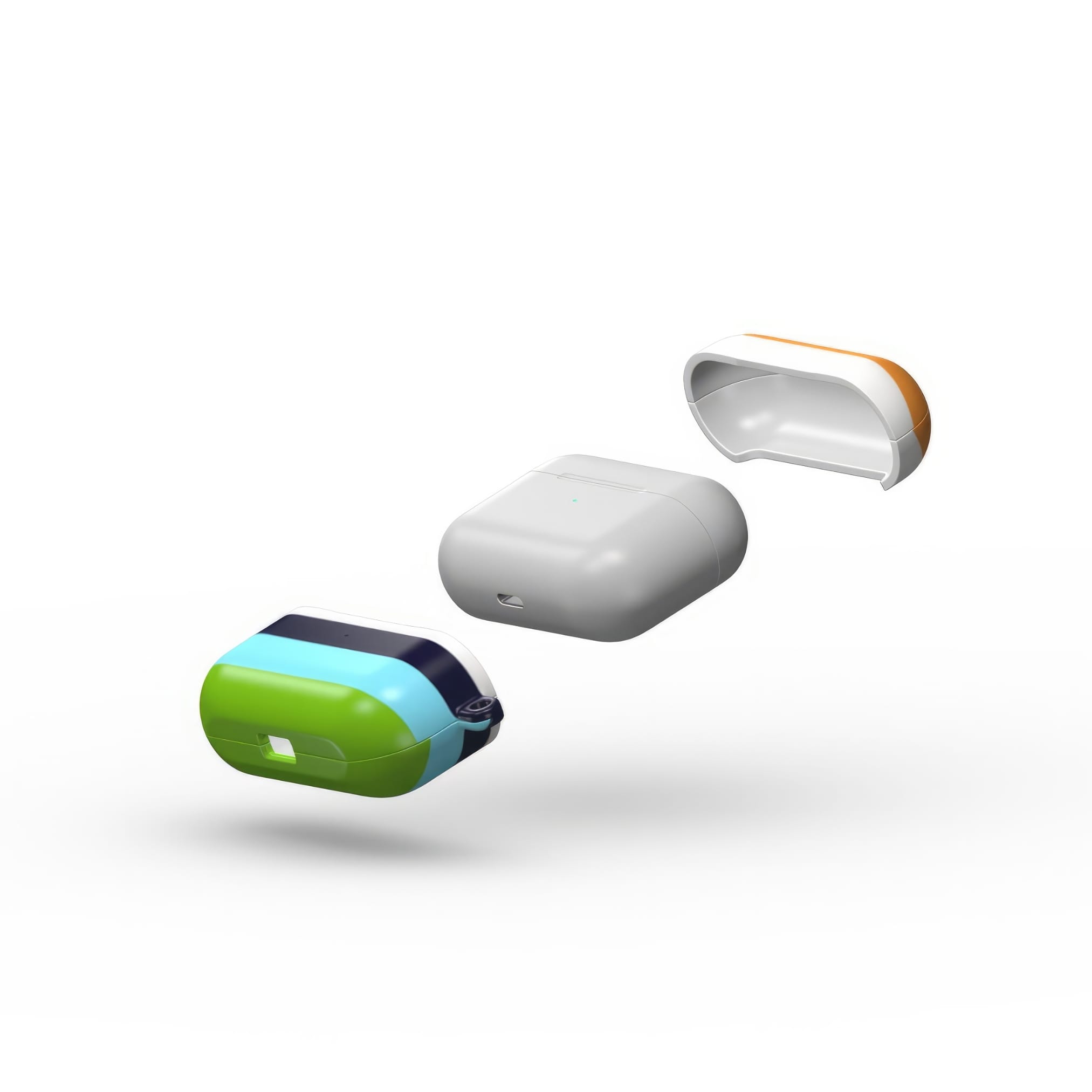 AirPods Pro tough case Color Blocks 3 pattern design with a color blocks, featuring an elegant and expressive aesthetic design. Main colors are light green, blue and orange. Extend view.