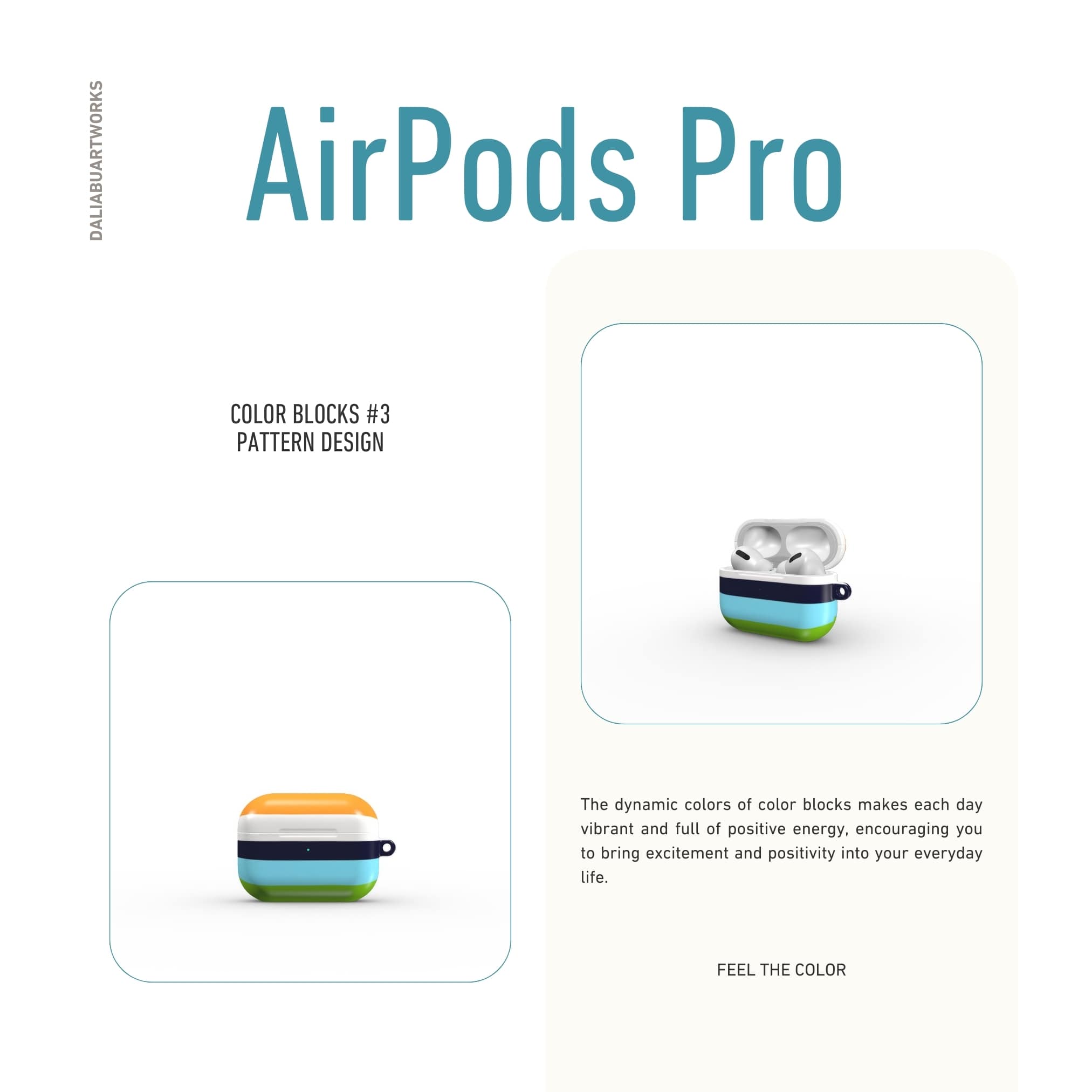 AirPods Pro tough case Color Blocks 3 pattern design with a color blocks, featuring an elegant and expressive aesthetic design. Main colors are light green, blue and orange. Front view.