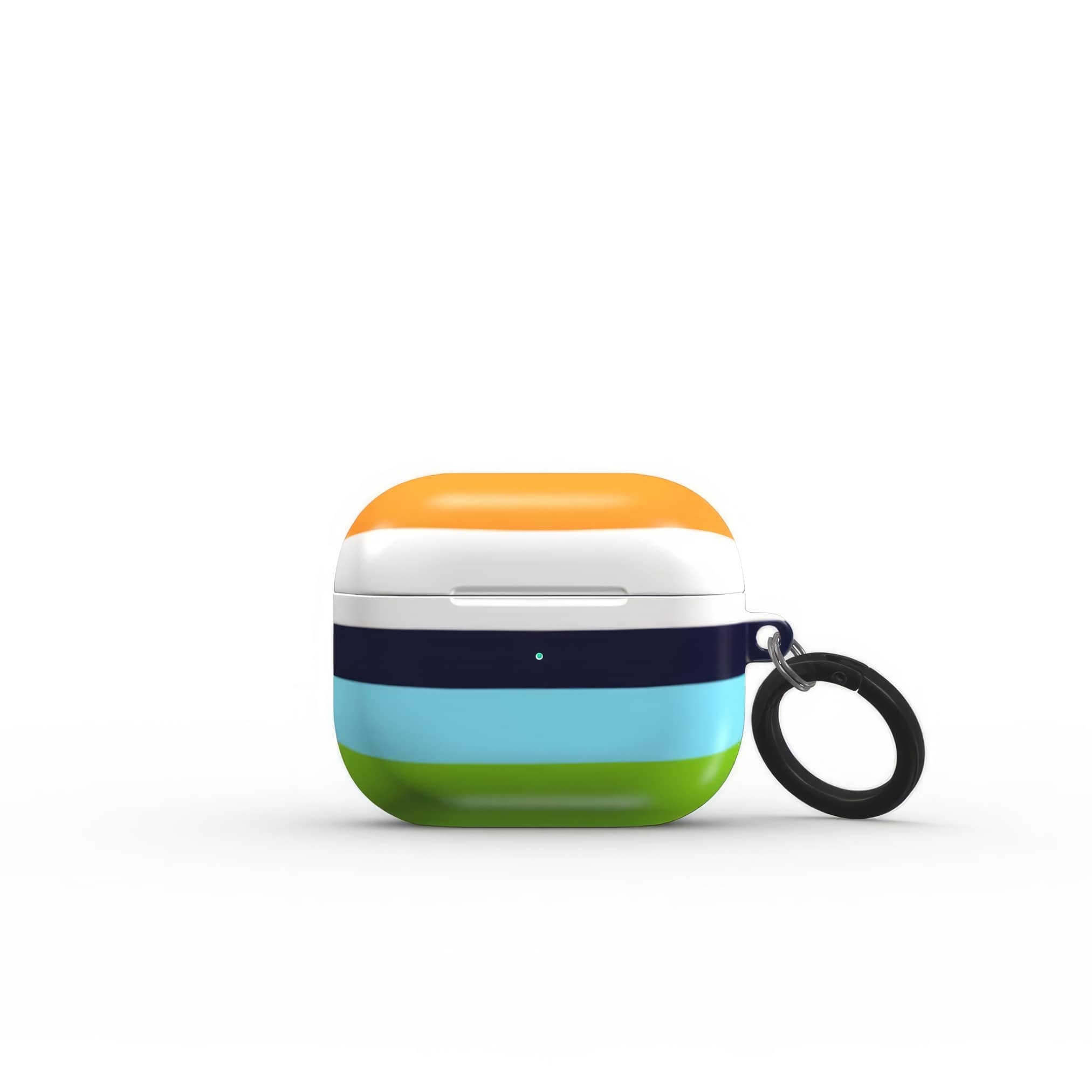 AirPods 3 tough case Color Blocks 3 pattern design with a color blocks, featuring an elegant and expressive aesthetic design. Main colors are light green, blue and orange. Front view.