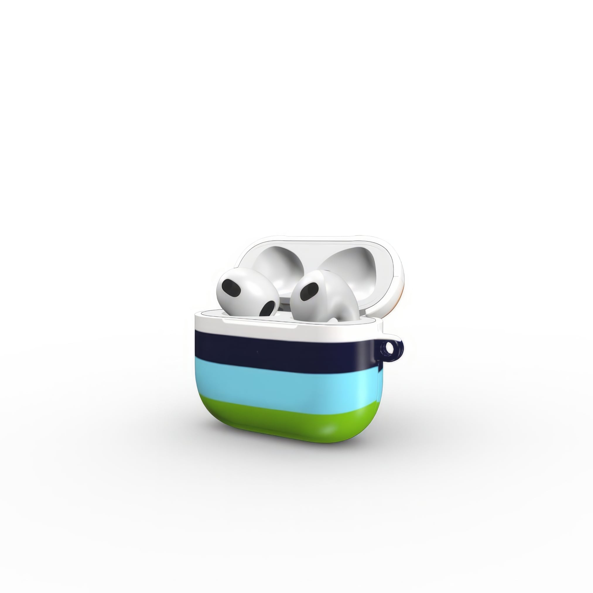 AirPods 3 tough case Color Blocks 3 pattern design with a color blocks, featuring an elegant and expressive aesthetic design. Main colors are light green, blue and orange. Side view.