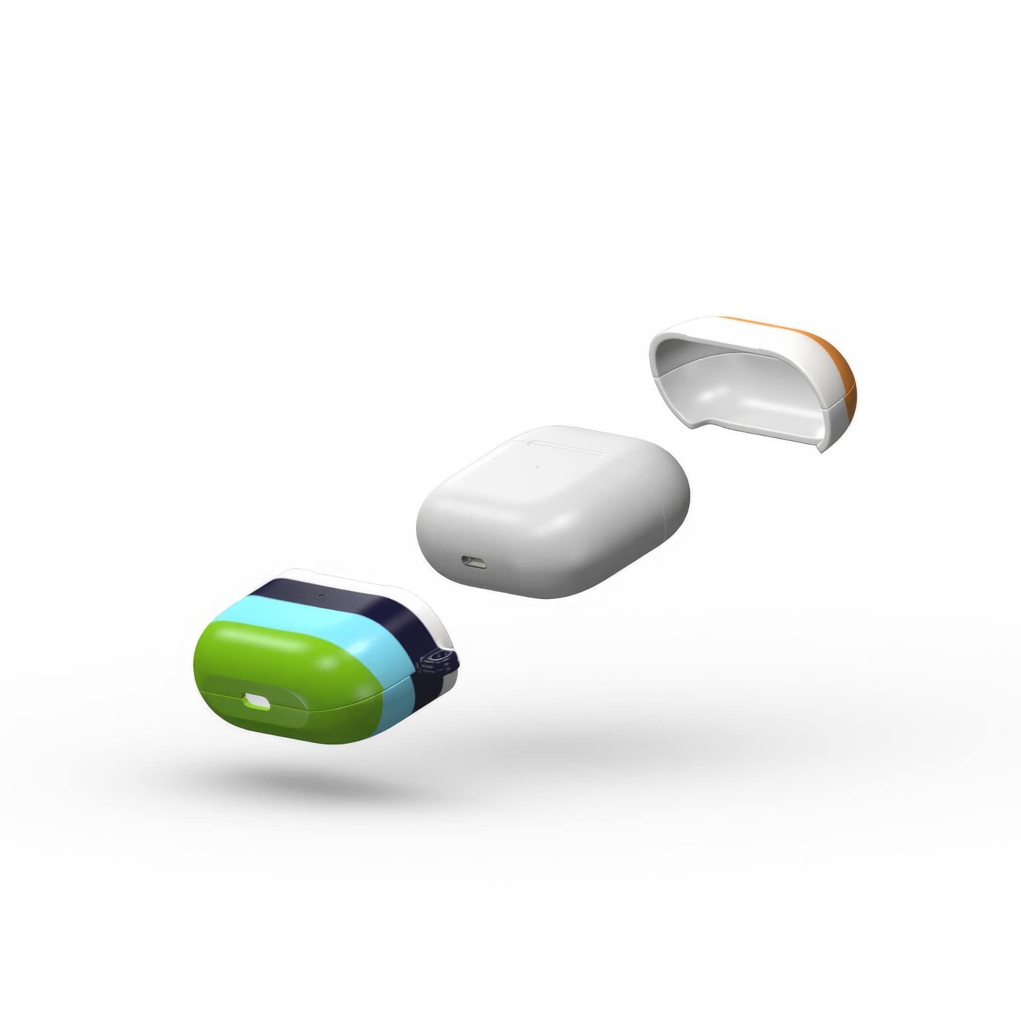 AirPods 3 tough case Color Blocks 3 pattern design with a color blocks, featuring an elegant and expressive aesthetic design. Main colors are light green, blue and orange. Extend view.