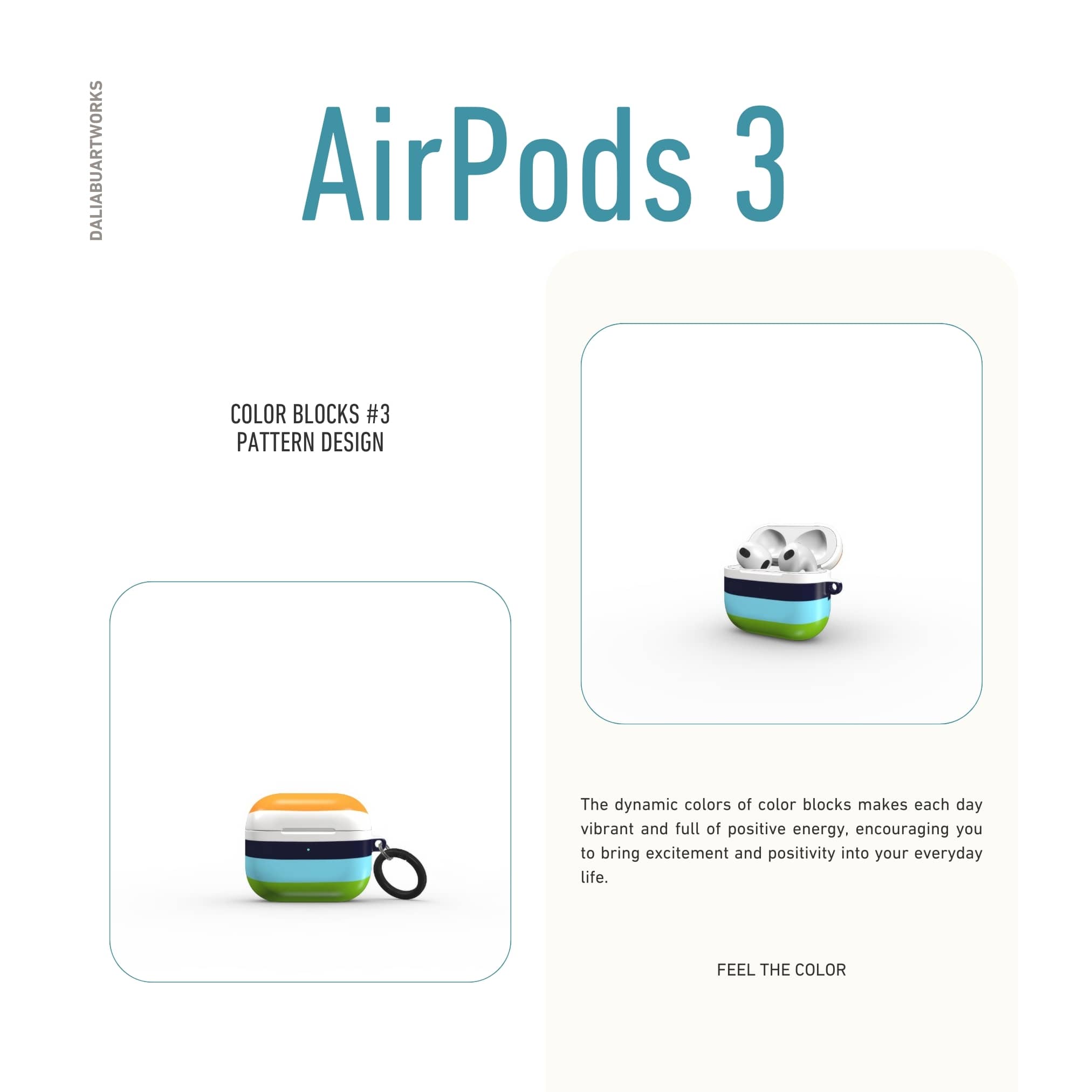 AirPods 3 tough case Color Blocks 3 pattern design with a color blocks, featuring an elegant and expressive aesthetic design. Main colors are light green, blue and orange. Front view.