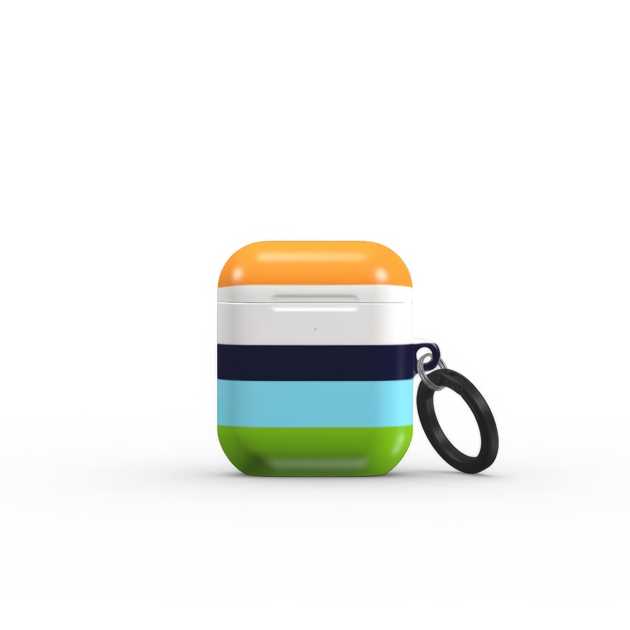 AirPods 1 and 2 tough case Color Blocks 3 pattern design with a color blocks, featuring an elegant and expressive aesthetic design. Main colors are light green, blue and orange. Front view.