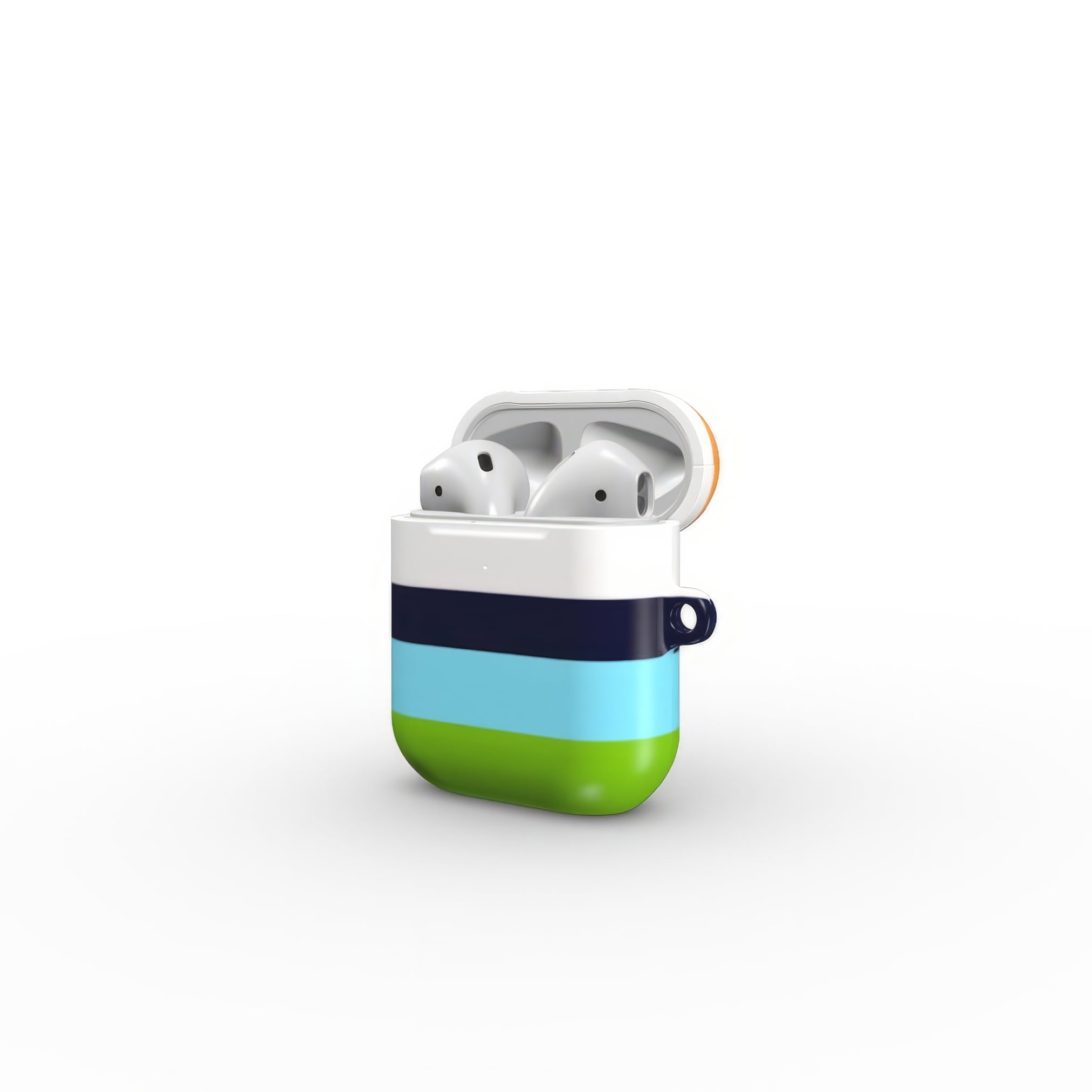 AirPods 1 and 2 tough case Color Blocks 3 pattern design with a color blocks, featuring an elegant and expressive aesthetic design. Main colors are light green, blue and orange. Side view.