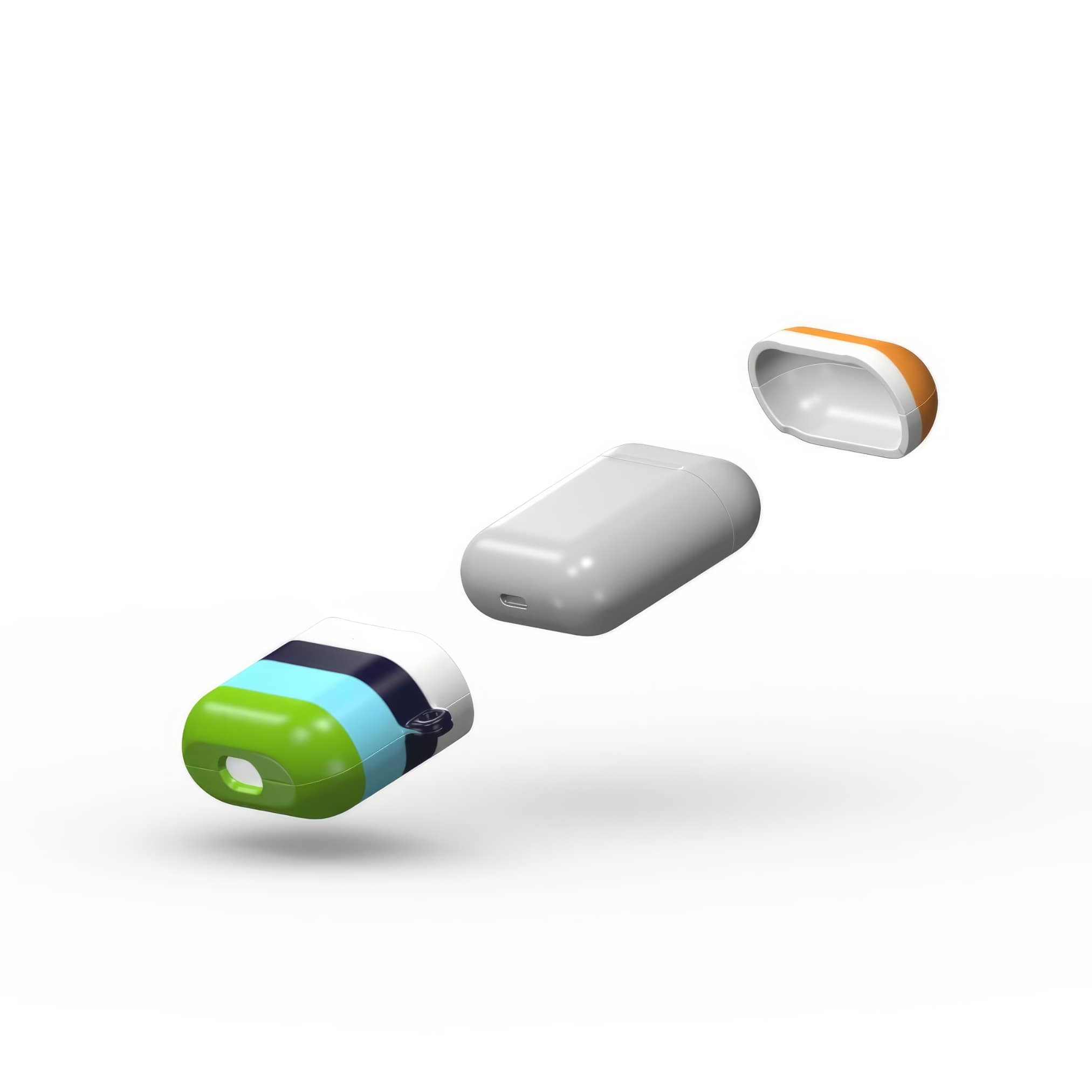 AirPods 1 and 2 tough case Color Blocks 3 pattern design with a color blocks, featuring an elegant and expressive aesthetic design. Main colors are light green, blue and orange. Extend view.