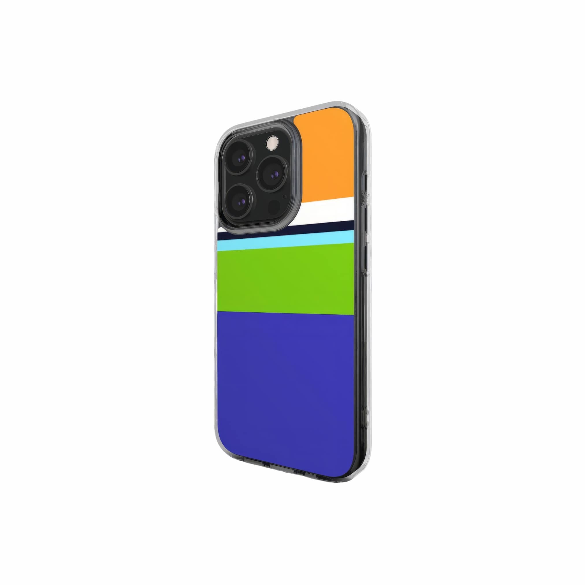 Clear phone case Color Blocks 3 pattern design with a color blocks, featuring an elegant and expressive aesthetic design. Main colors are light green, violet and orange. Side view.