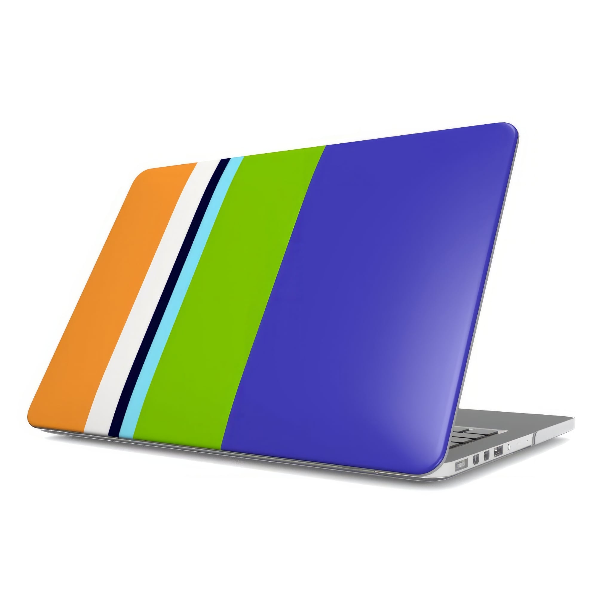 MacBook case Color Blocks 3 pattern design with a color blocks, featuring an elegant and expressive aesthetic design. Main colors are light green, violet and orange. Side view.