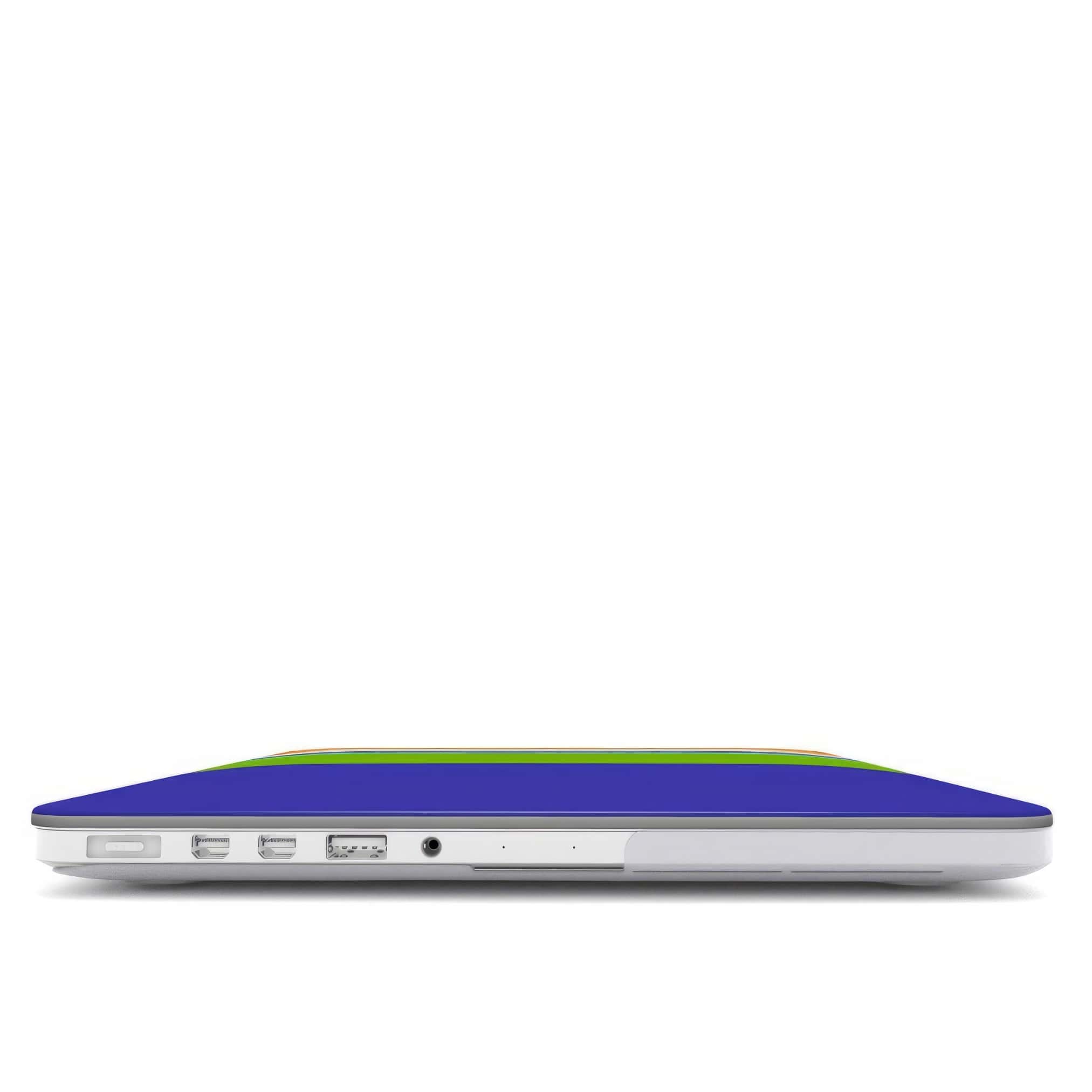 MacBook case Color Blocks 3 pattern design with a color blocks, featuring an elegant and expressive aesthetic design. Main colors are light green, violet and orange. Closed view.