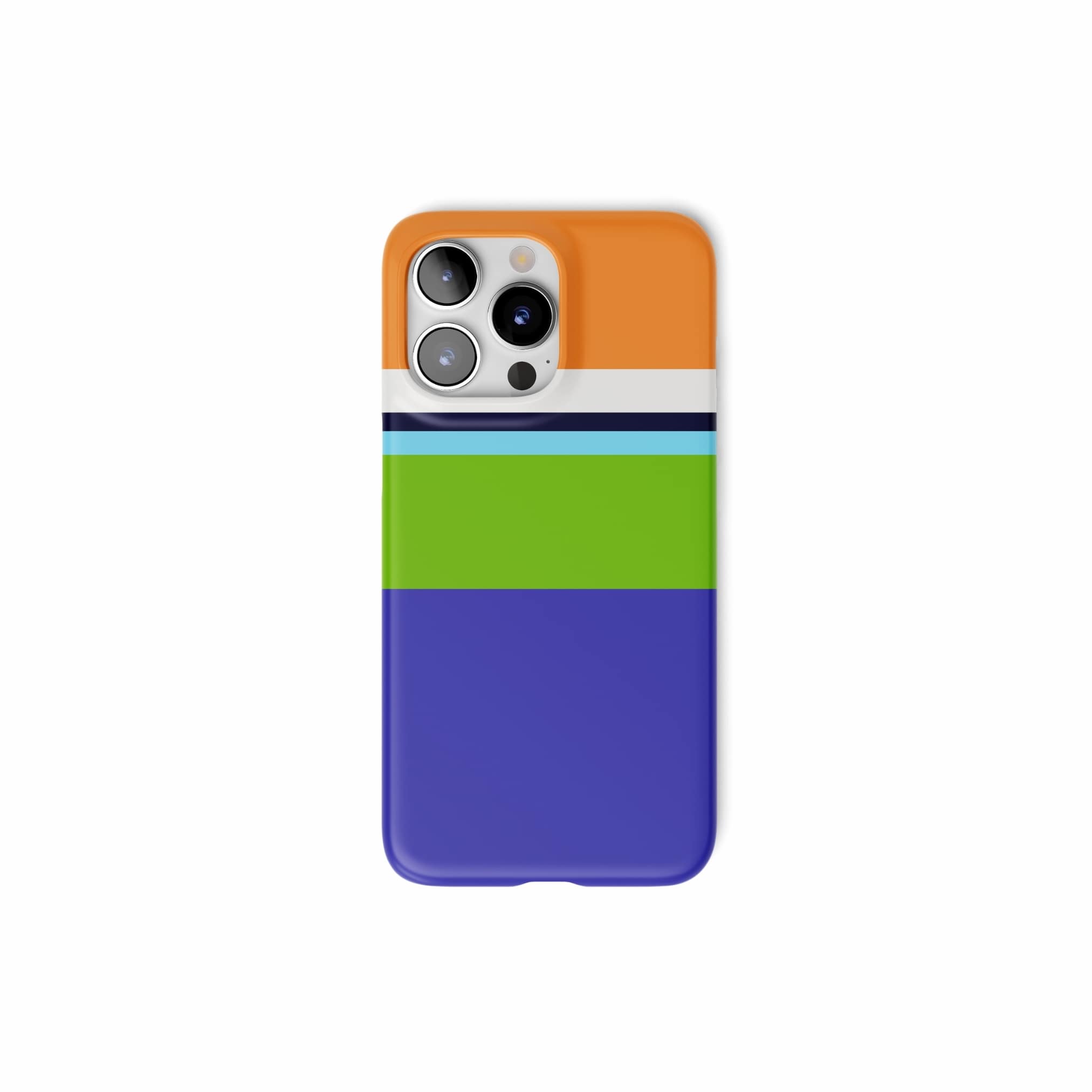 Ultra thin snap phone case Color Blocks 3 pattern design with a color blocks, featuring an elegant and expressive aesthetic design. Main colors are light green, violet and orange. Front view.