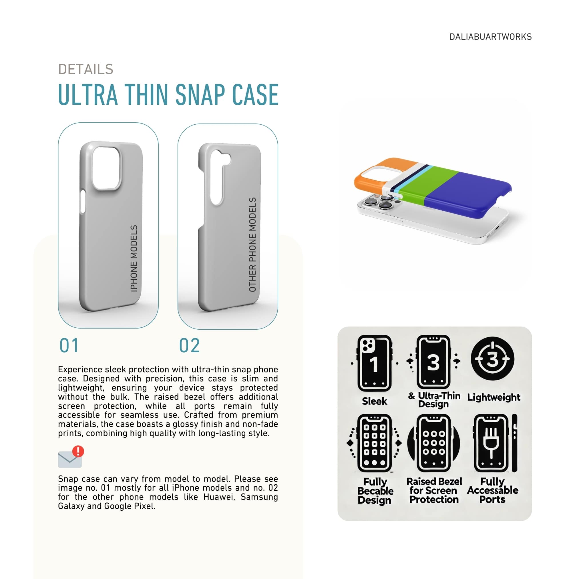 Ultra thin snap phone case Color Blocks 3 pattern design with a color blocks, featuring an elegant and expressive aesthetic design. Main colors are light green, violet and orange. Details about thin snug fit cover benefits.