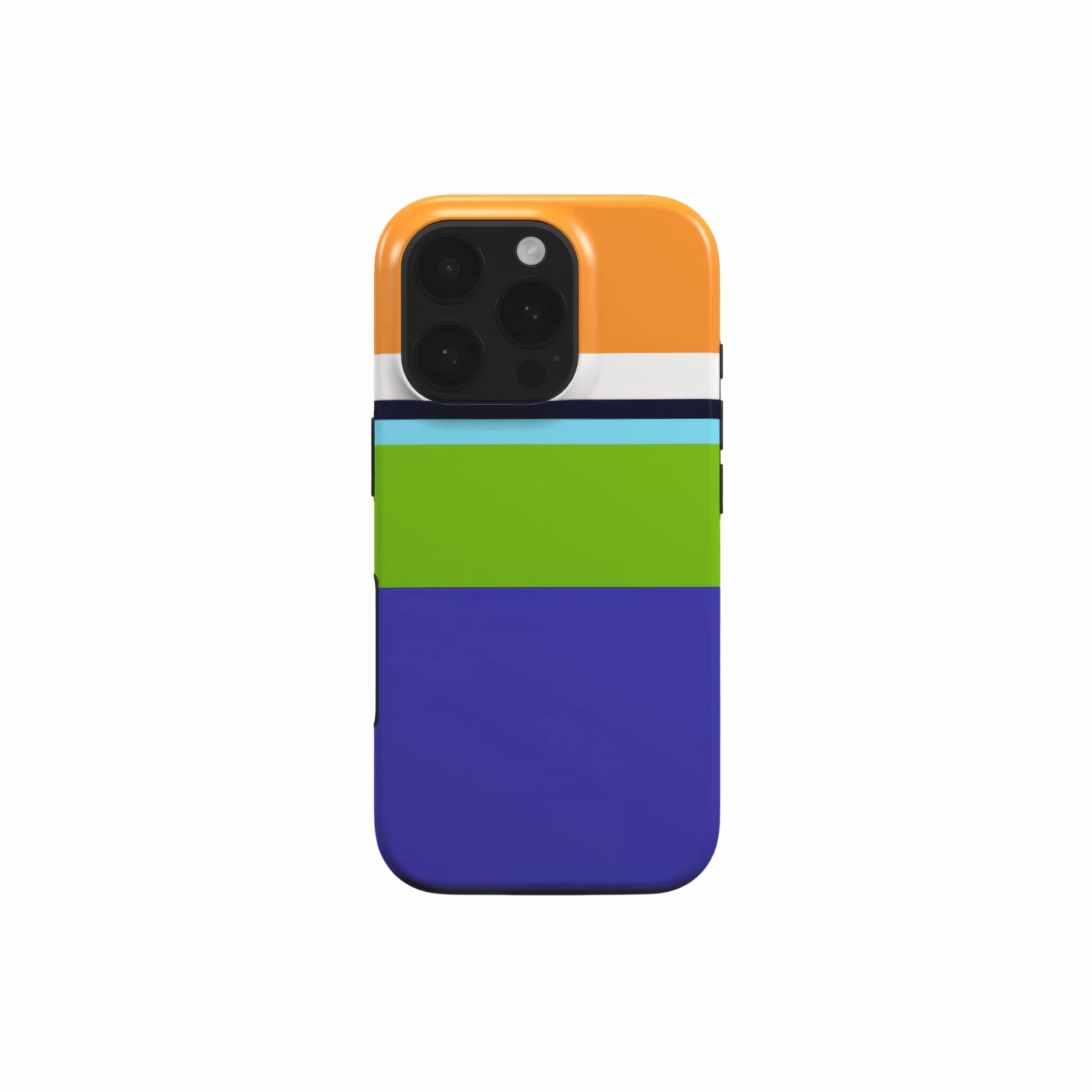 Tough phone case Color Blocks 3 pattern design with a color blocks, featuring an elegant and expressive aesthetic design. Main colors are light green, violet and orange. Front view.