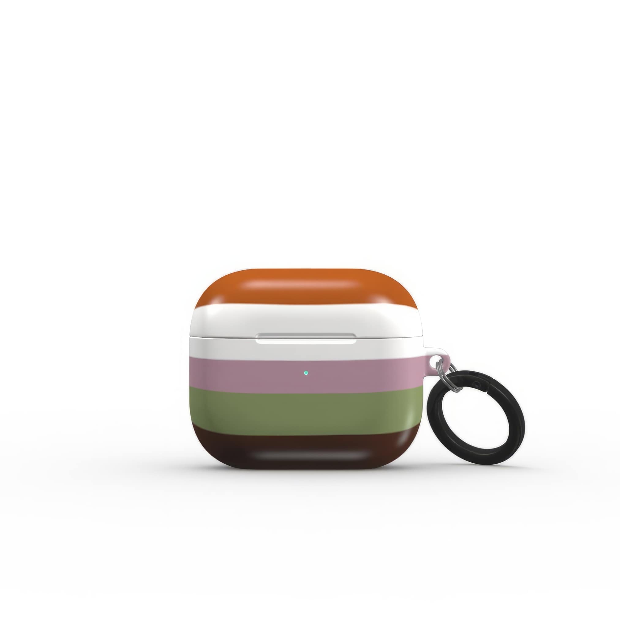 AirPods 3 case Color Blocks 4 pattern design with a color blocks, featuring an elegant and expressive aesthetic design. Main colors are caramel, chocolate brown, rich green. Front view.