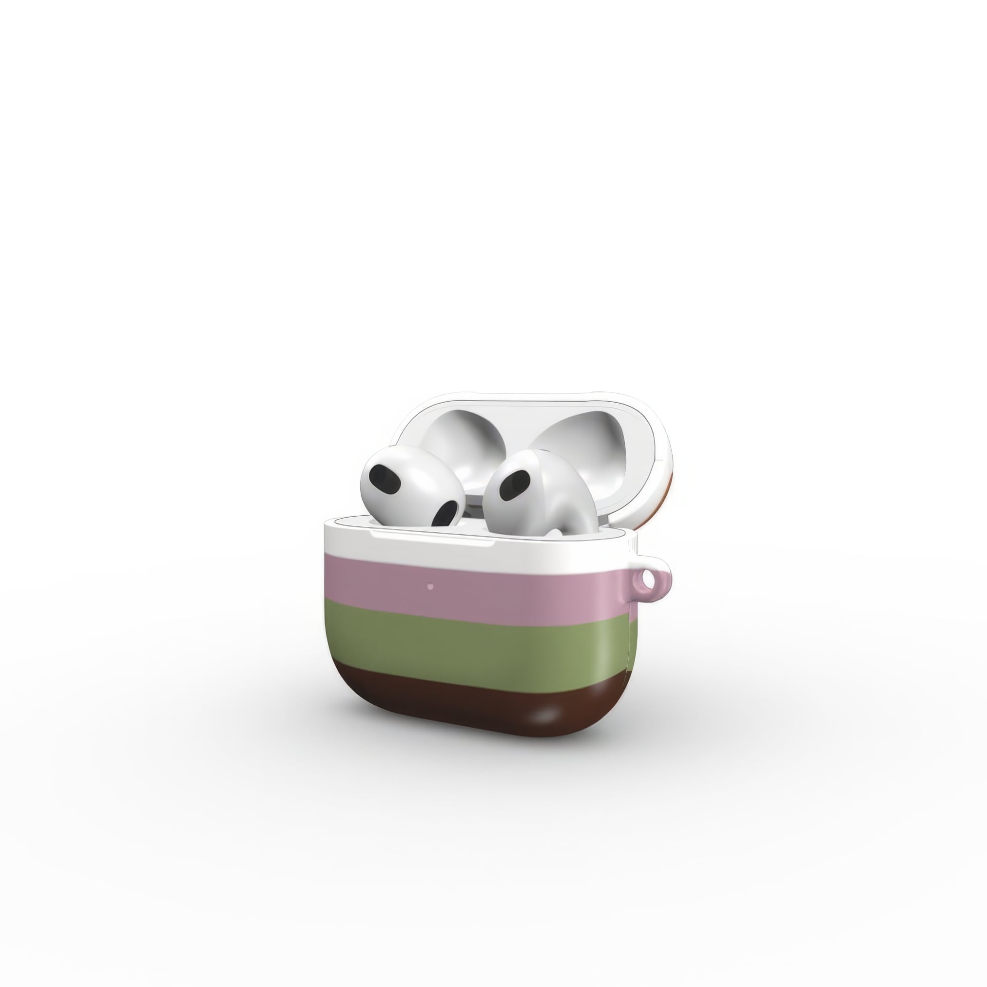 AirPods 3 case Color Blocks 4 pattern design with a color blocks, featuring an elegant and expressive aesthetic design. Main colors are caramel, chocolate brown, rich green. Side view.