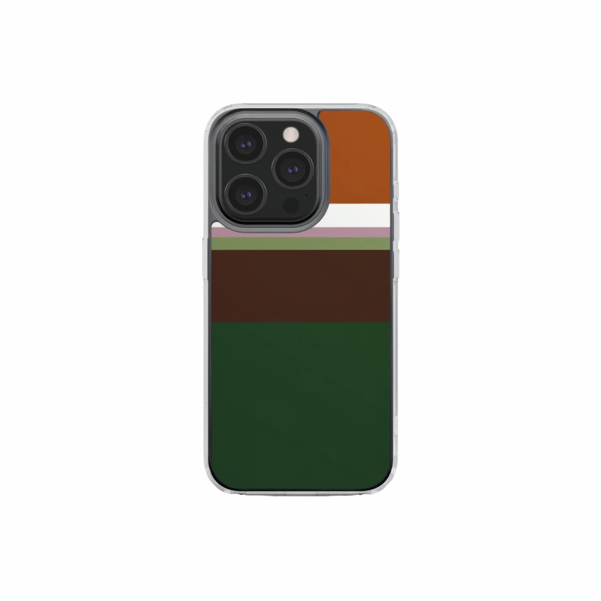 Clear phone case Color Blocks 4 pattern design with a color blocks, featuring an elegant and expressive aesthetic design. Main colors are caramel, chocolate brown, rich green.  Front view.