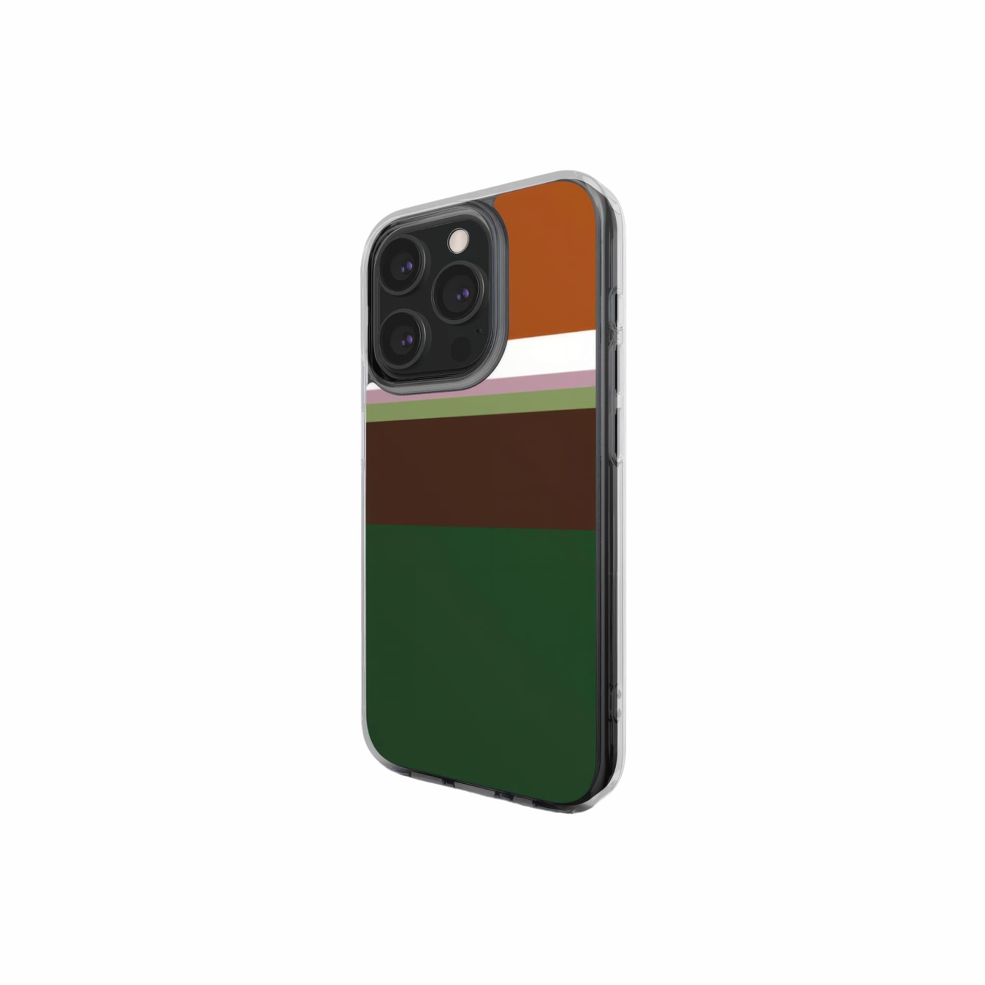Clear phone case Color Blocks 4 pattern design with a color blocks, featuring an elegant and expressive aesthetic design. Main colors are caramel, chocolate brown, rich green. Side view.