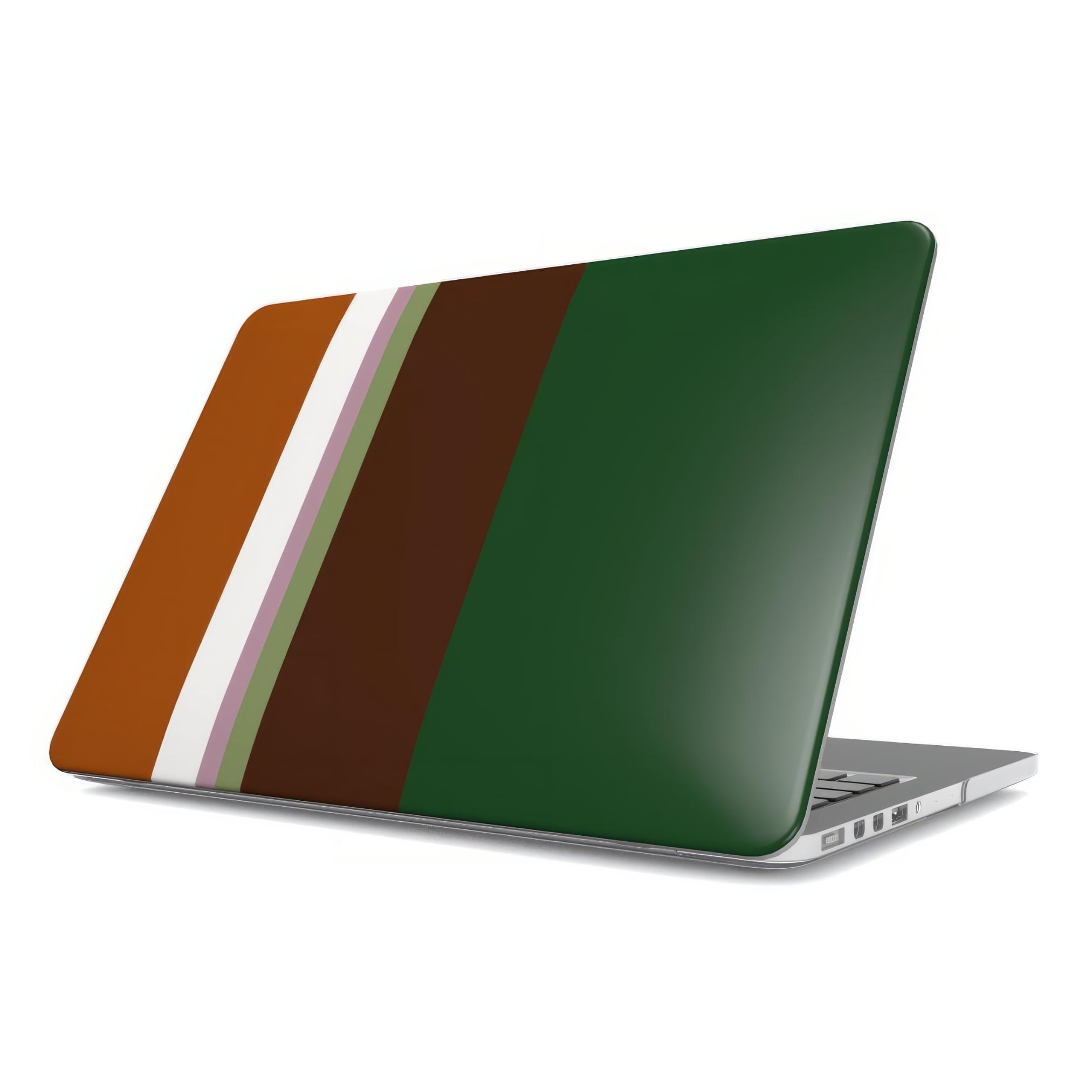MacBook case Color Blocks 4 pattern design with a color blocks, featuring an elegant and expressive aesthetic design. Main colors are caramel, chocolate brown, rich green. Side view.