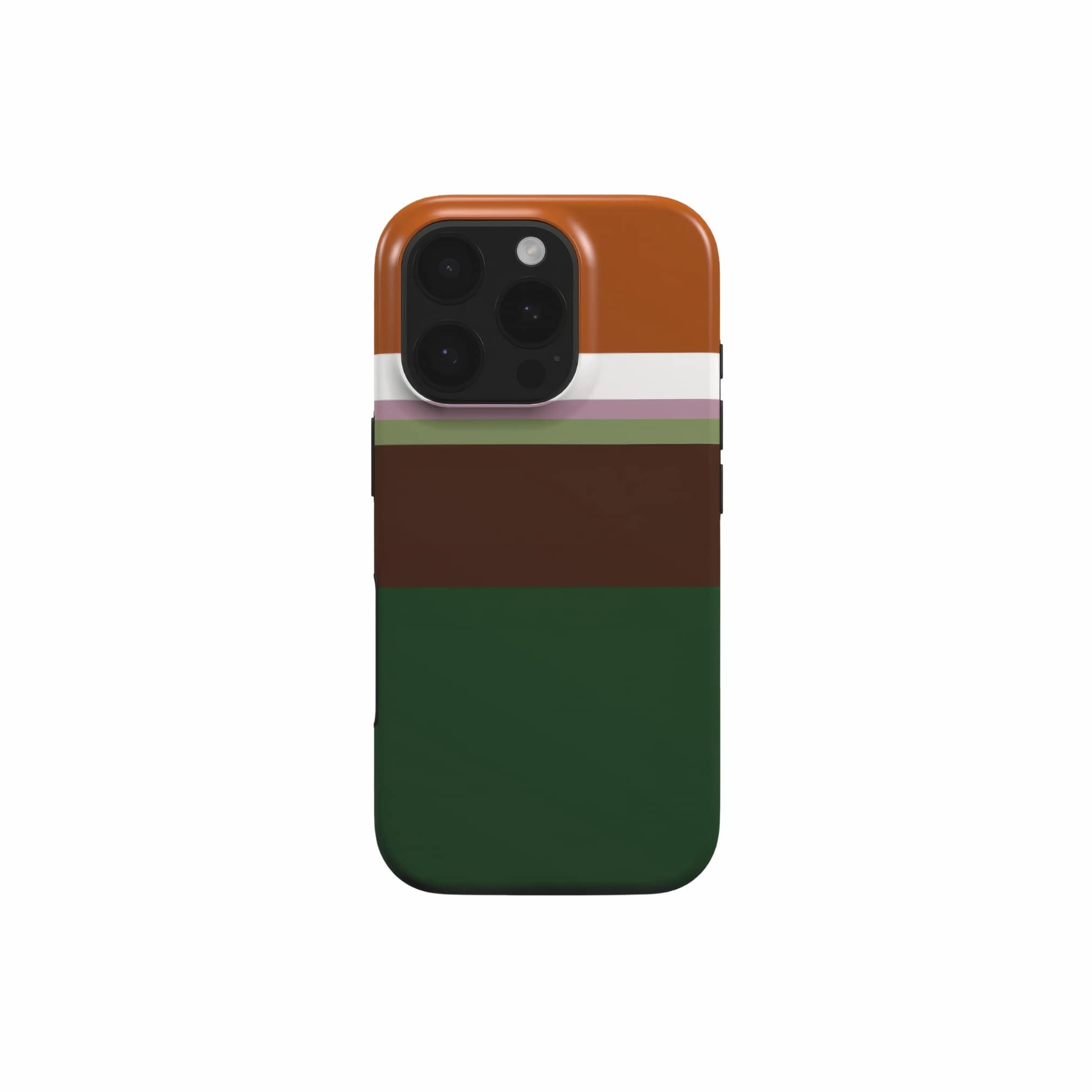 Tough phone case Color Blocks 4 pattern design with a color blocks, featuring an elegant and expressive aesthetic design. Main colors are caramel, chocolate brown, rich green. Front view.