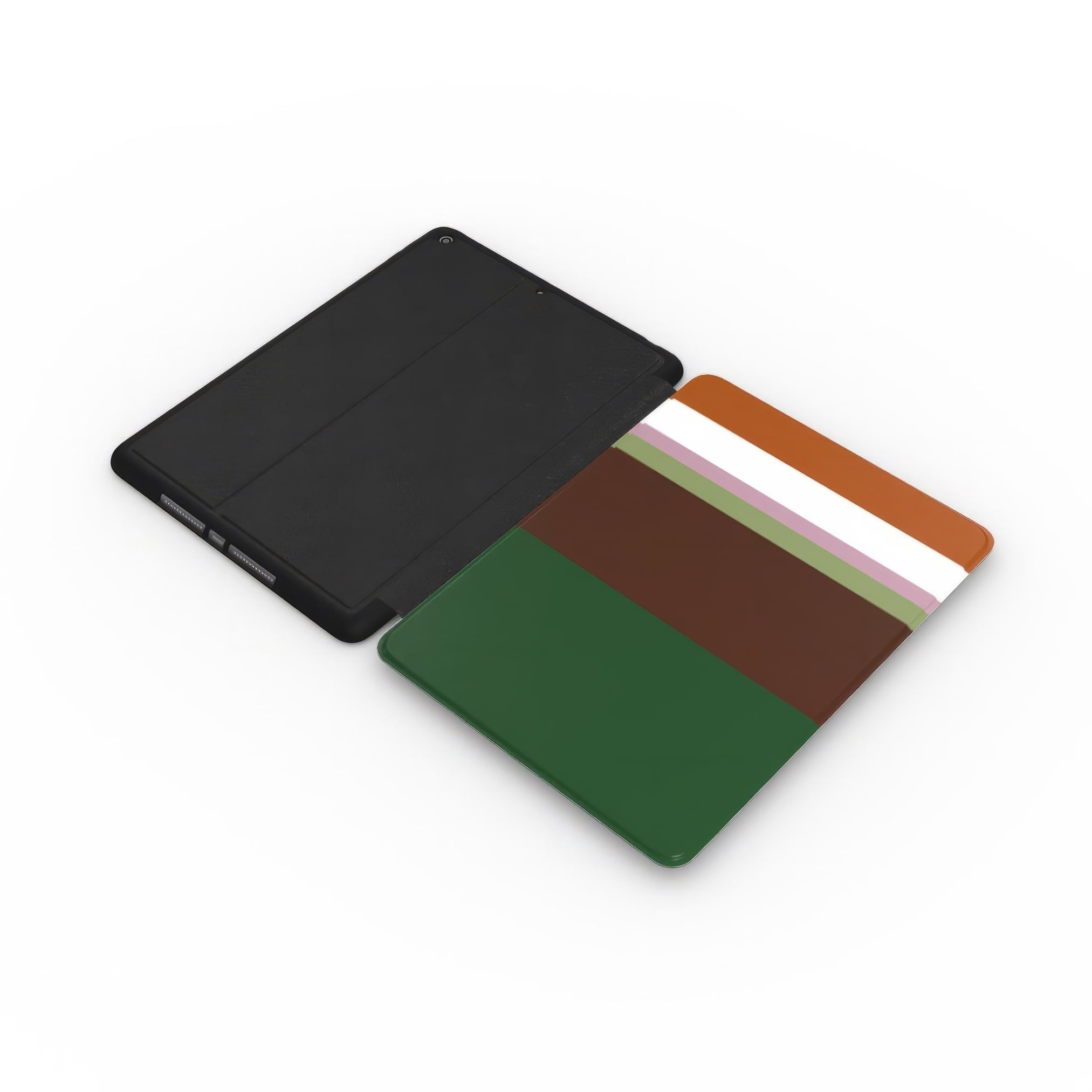 iPad case Color Blocks 4 pattern design with a color blocks, featuring an elegant and expressive aesthetic design. Main colors are caramel, chocolate brown, rich green. Extend view.
