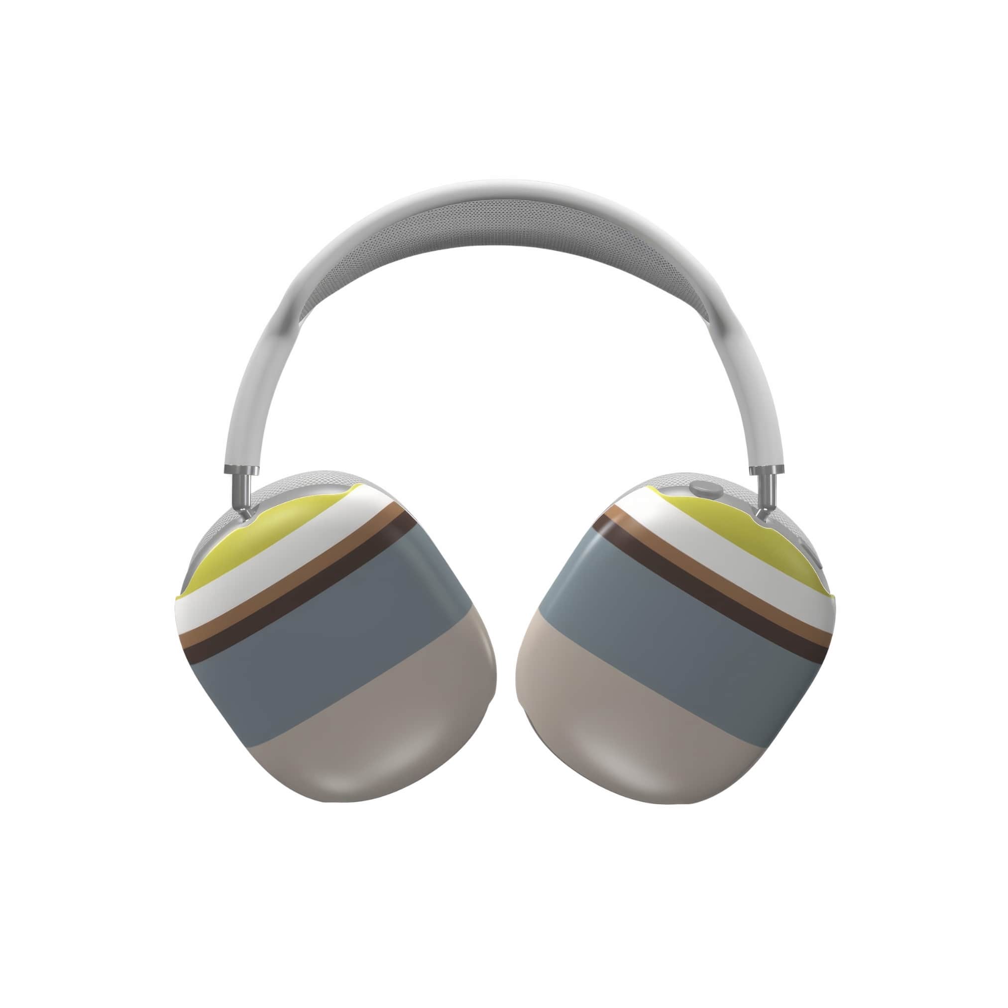 AirPods Max tough case Color Blocks 5 pattern design with a color blocks, featuring an elegant and expressive aesthetic design. Main colors are caramel, chocolate brown, yellow and gray. Front view.
