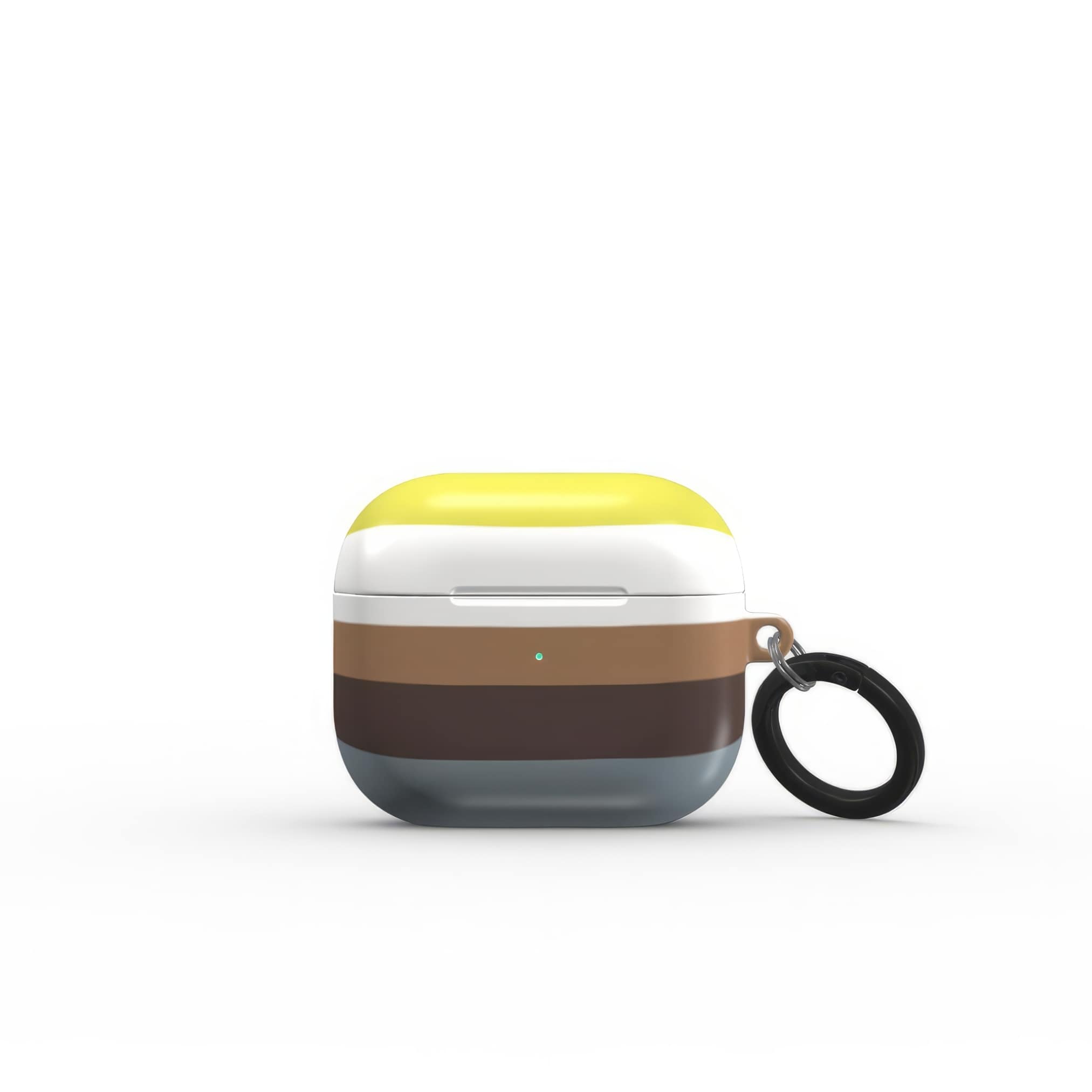 AirPods 3 case Color Blocks 5 pattern design with a color blocks, featuring an elegant and expressive aesthetic design. Main colors are caramel, chocolate brown, yellow and gray. Front view.