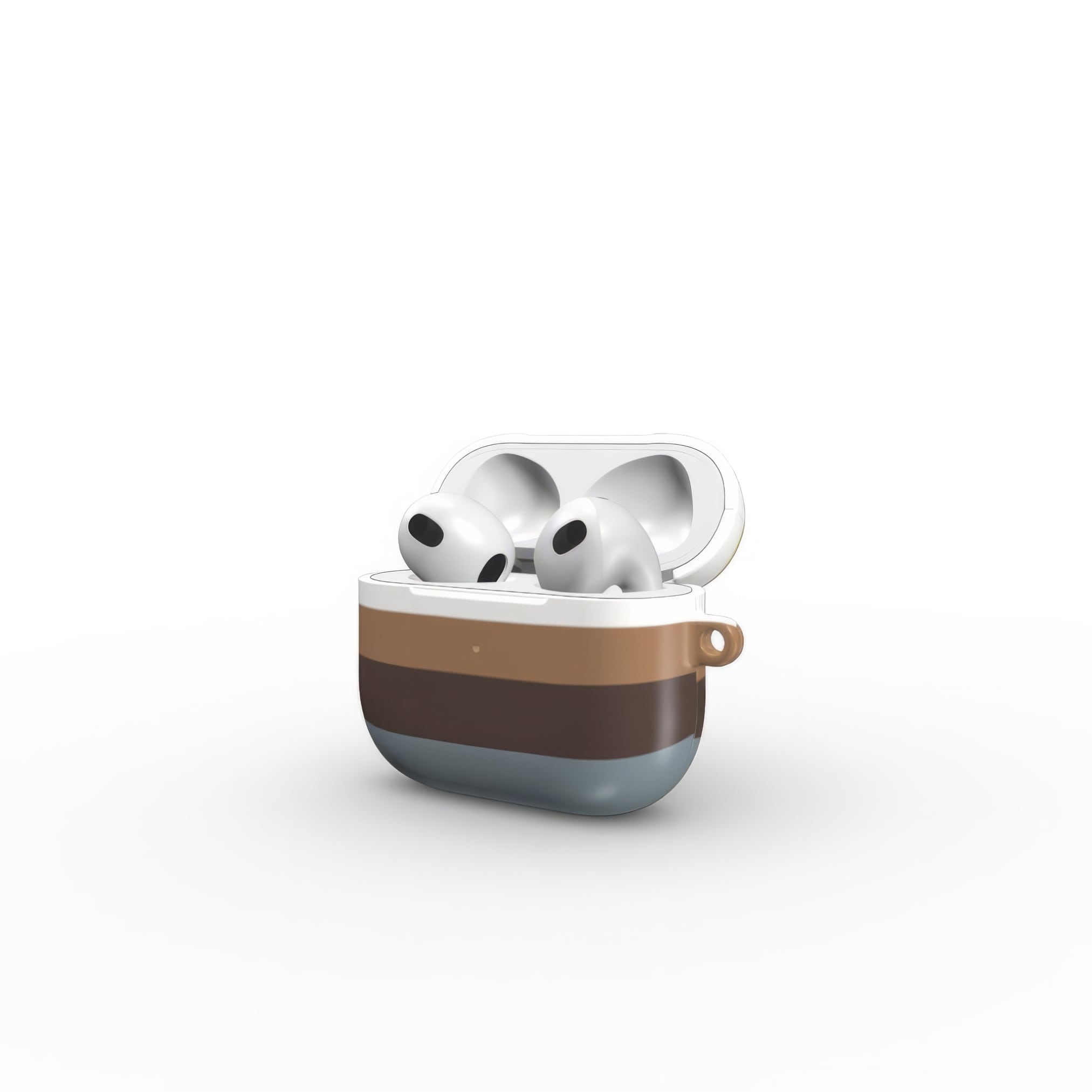 AirPods 3 case Color Blocks 5 pattern design with a color blocks, featuring an elegant and expressive aesthetic design. Main colors are caramel, chocolate brown, yellow and gray. Side open view.