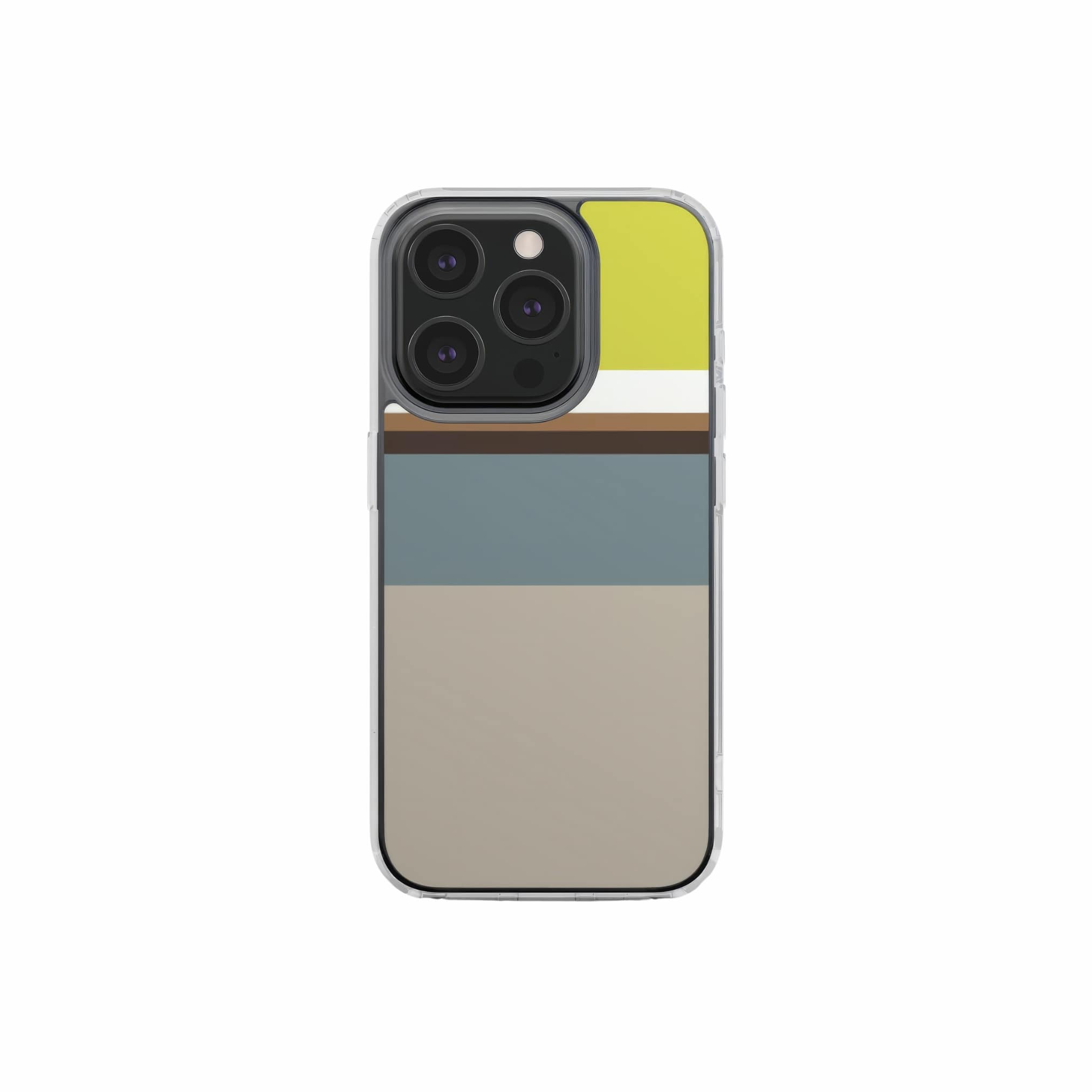 Clear phone case Color Blocks 5 pattern design with a color blocks, featuring an elegant and expressive aesthetic design. Main colors are caramel, chocolate brown, yellow and gray. Front view.